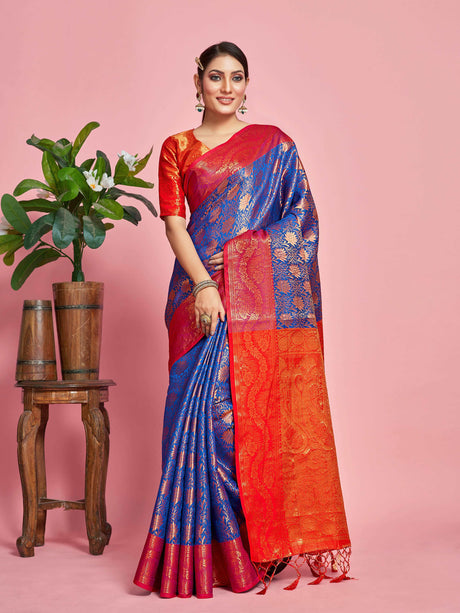 Mimosa Women's Woven Design Kanjivaram Art Silk Saree With Blouse Piece : SA00001294RBFREE