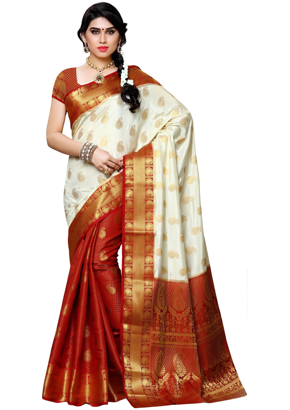 Mimosa Womens Art Silk Saree Kanjivaram Halfwhite Color