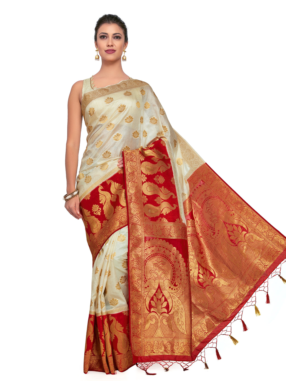 Mimosa Womens Art Silk Saree Kanjivaram Halfwhite Color