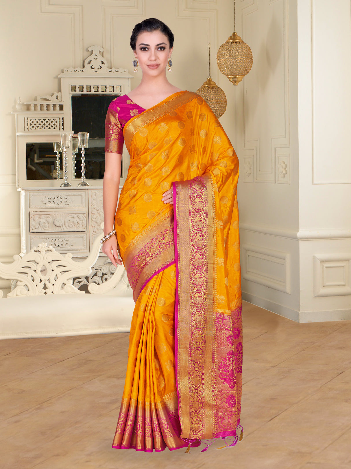 Mimosa Womens Art Silk Saree Kanjivaram Gold Color