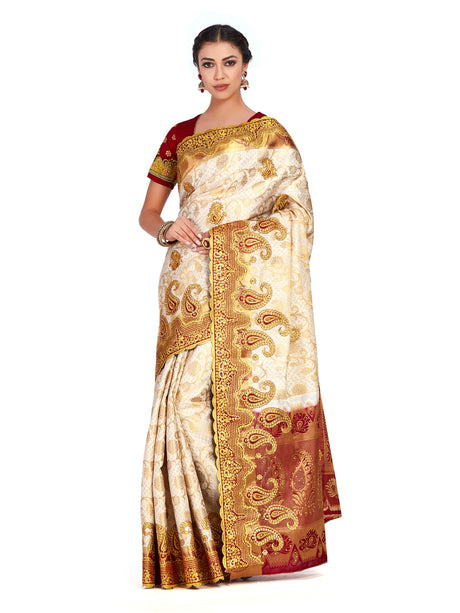 Mimosa Womens Art Silk Saree Kanjivaram Halfwhite Color - 4336-260-TLK-HWT-MRN-BL