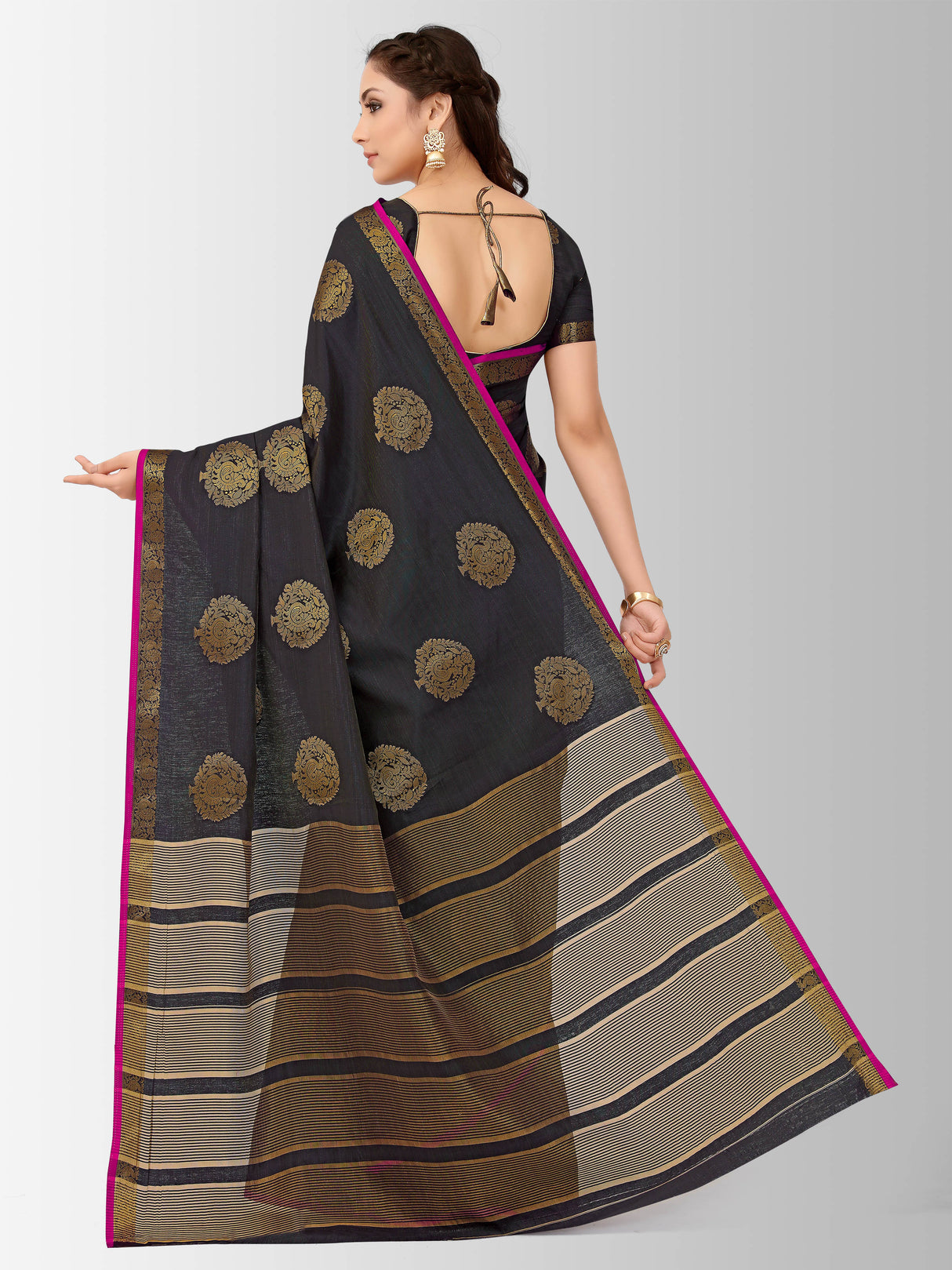 Mimosa Womens Tussar Silk Saree Kanjivaram style Black Color