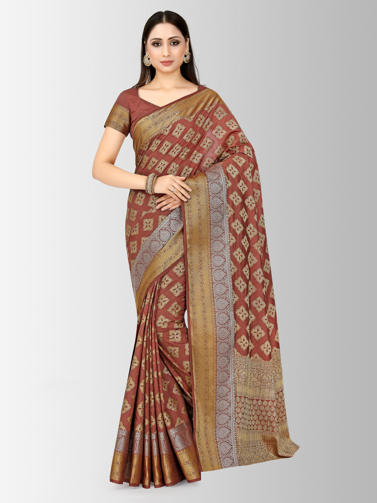 Mimosa Womens Art Silk Saree Kanjivaram Chocolate Color