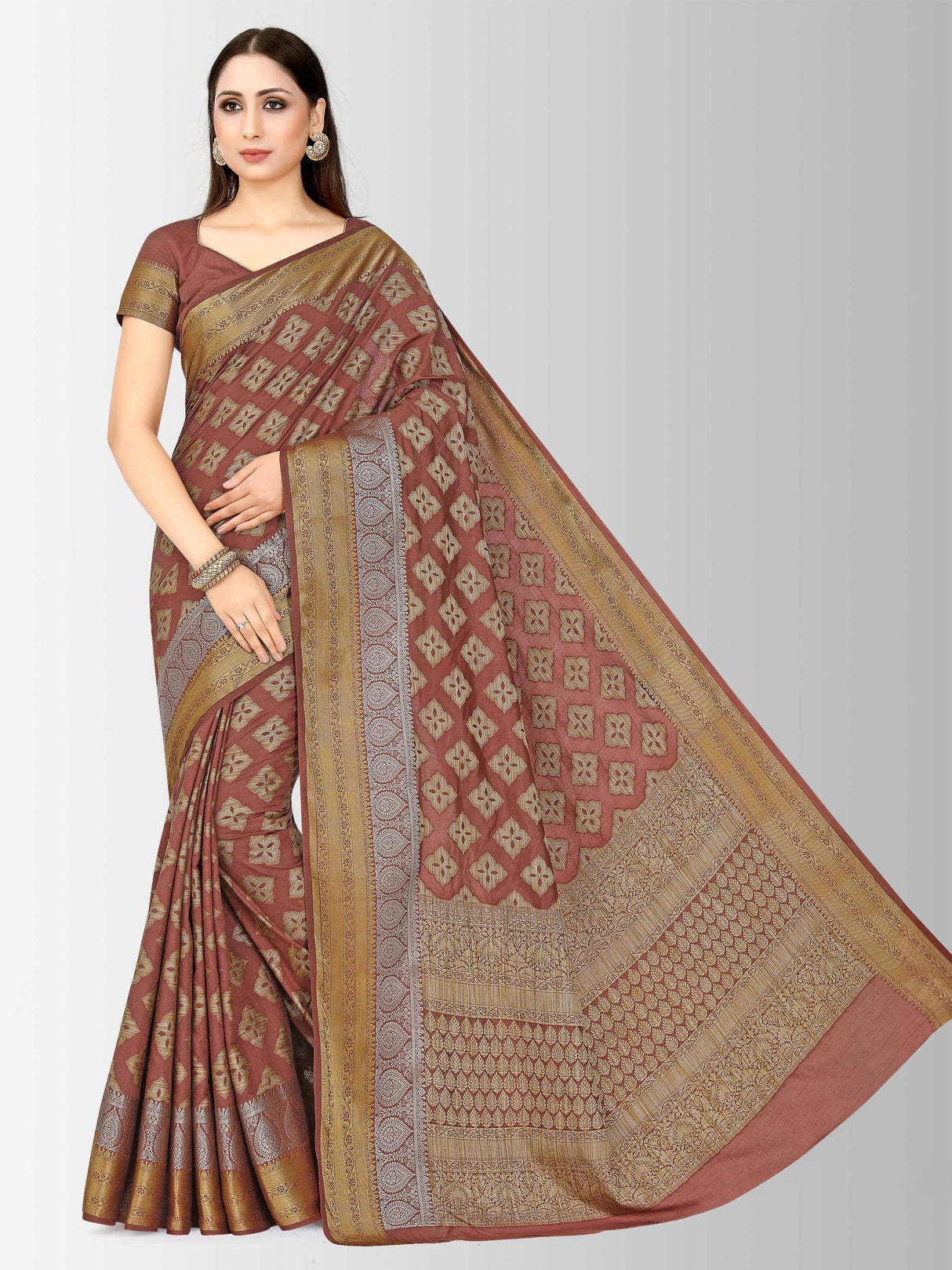 Mimosa Womens Art Silk Saree Kanjivaram Chocolate Color