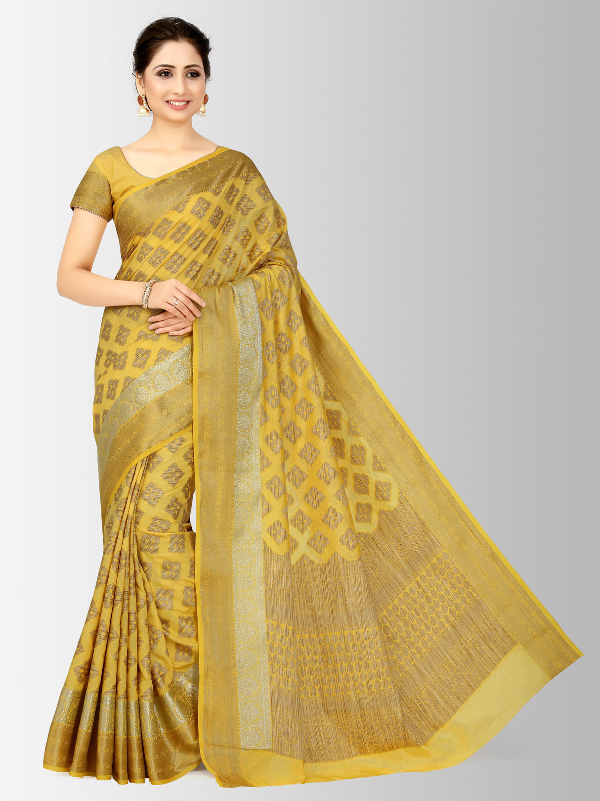 Mimosa Womens Art Silk Saree Kanjivaram Gold Color