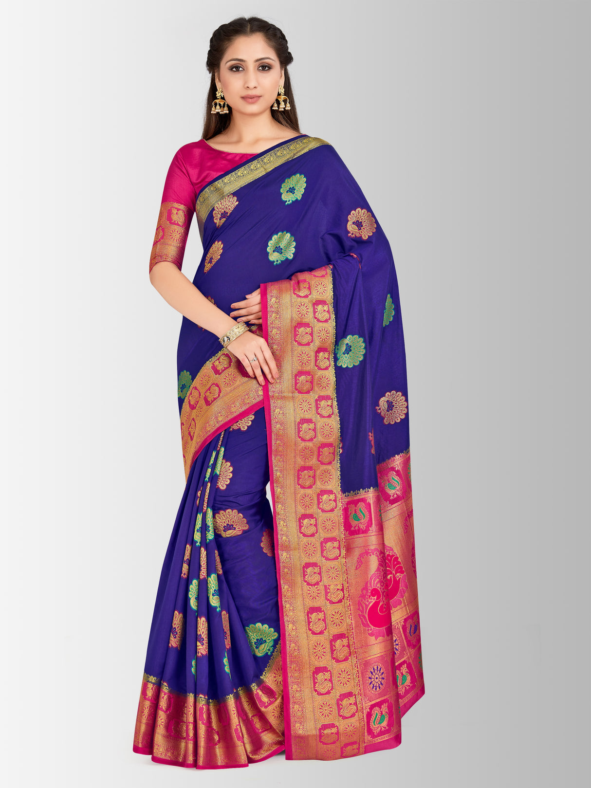 Mimosa Womens Art Silk Saree Kanjivaram Navy Blue Color