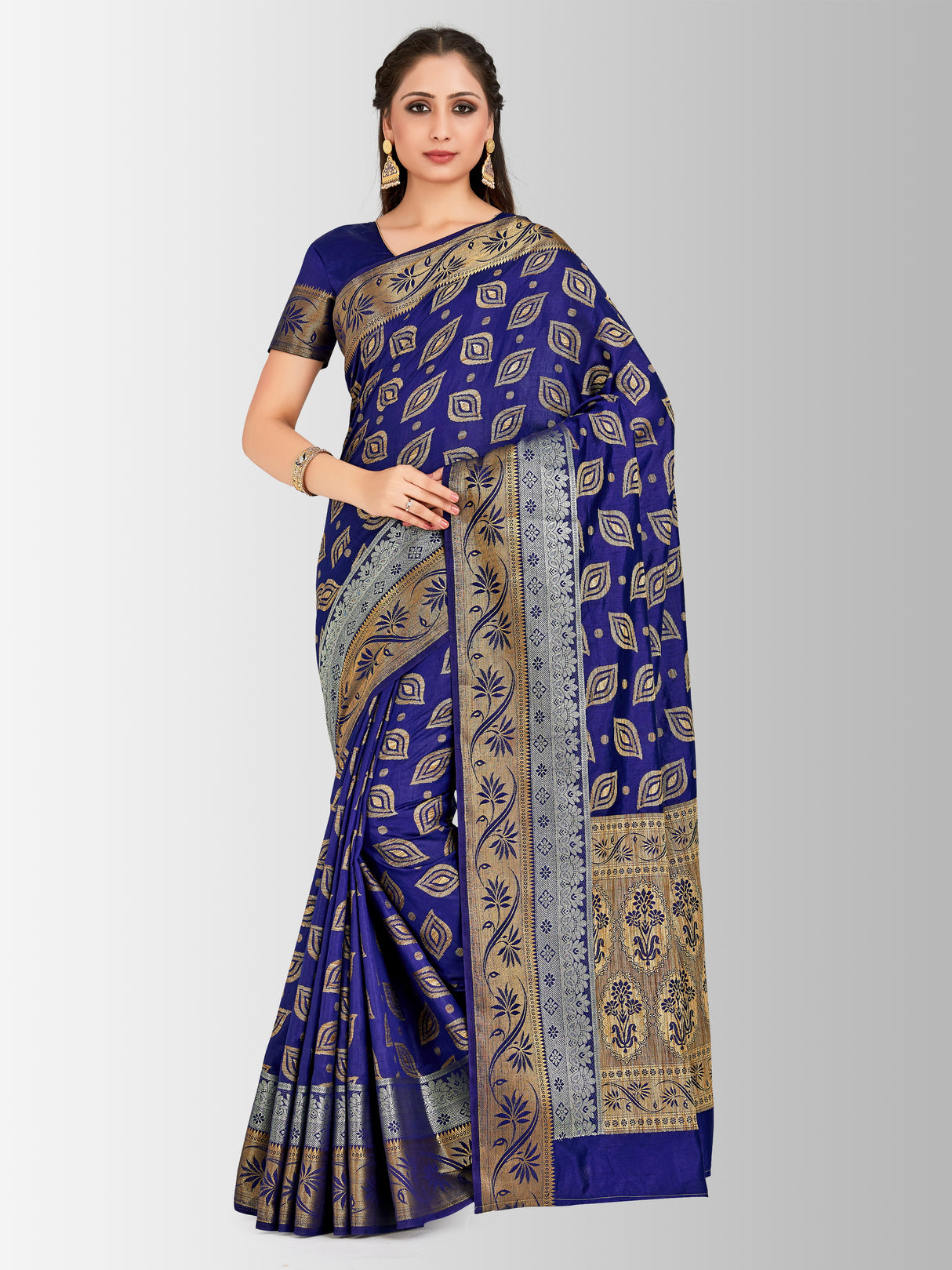 Mimosa Womens Raw Silk Saree Kanjivaram Navy Blue Color