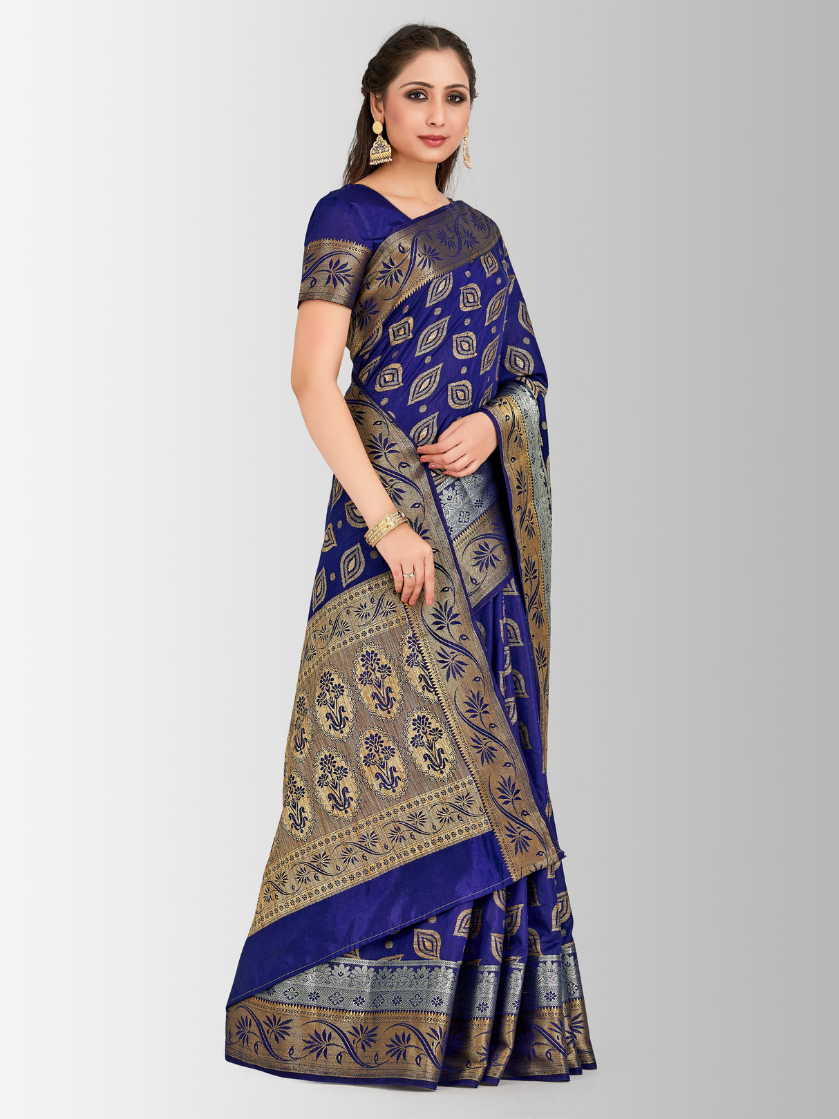 Mimosa Womens Raw Silk Saree Kanjivaram Navy Blue Color