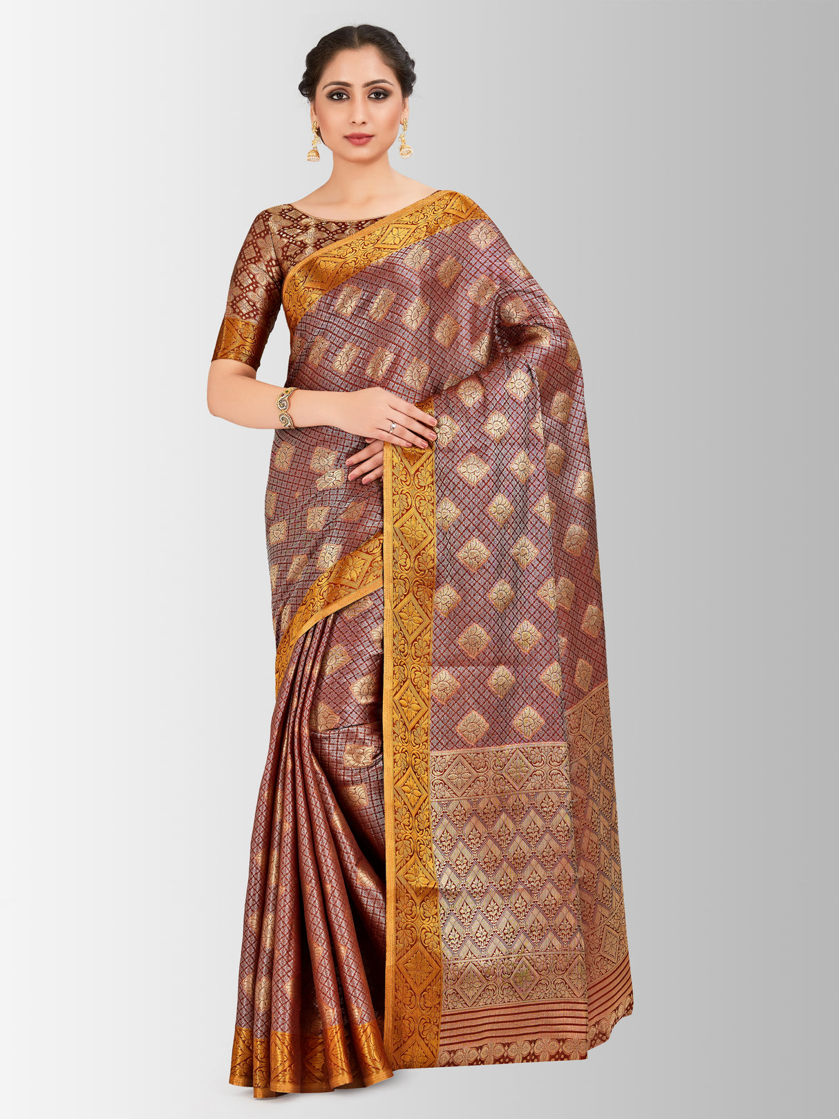 Mimosa Womens Art Silk Saree Kanjivaram Chocolate Color