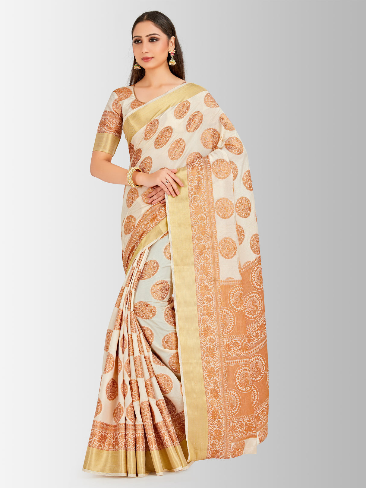 Mimosa Womens Art Silk Saree Kanjivaram Halfwhite Color