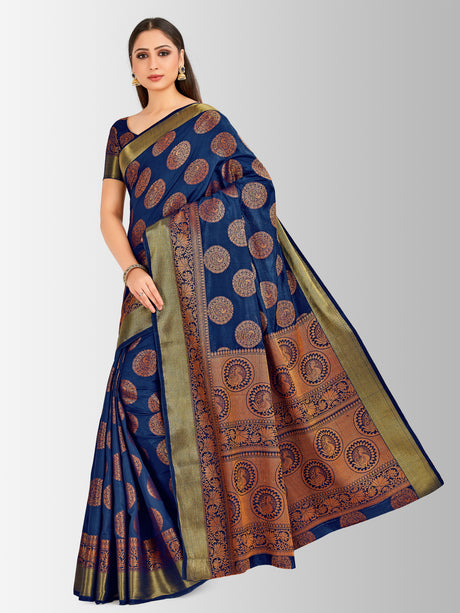 Mimosa Womens Art Silk Saree Kanjivaram Navy Blue Color