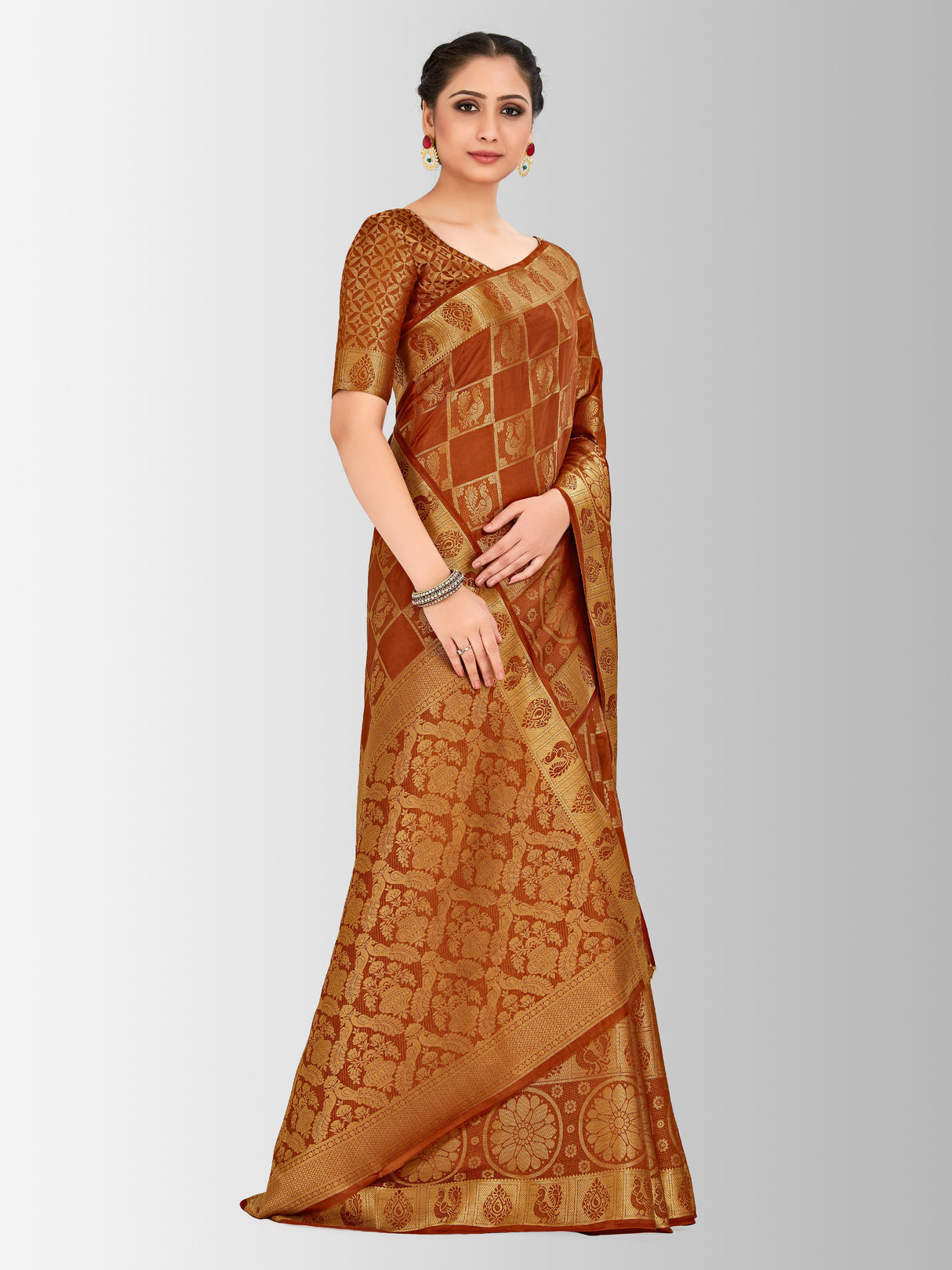 Mimosa Womens Art Silk Saree Kanjivaram Rust Color