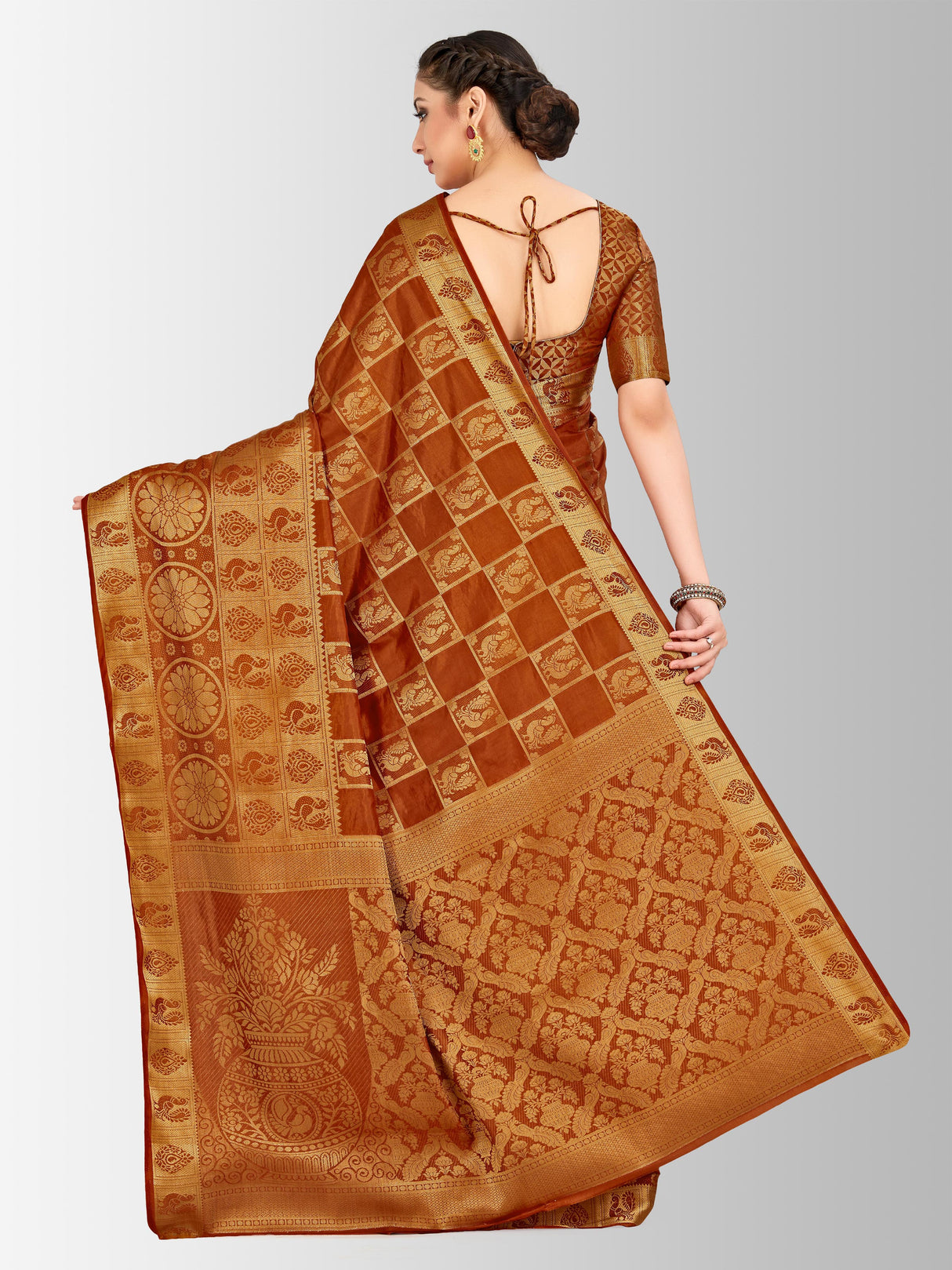 Mimosa Womens Art Silk Saree Kanjivaram Rust Color