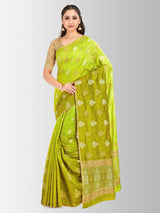 Mimosa Womens Linen Saree Banarasi style Olive Color