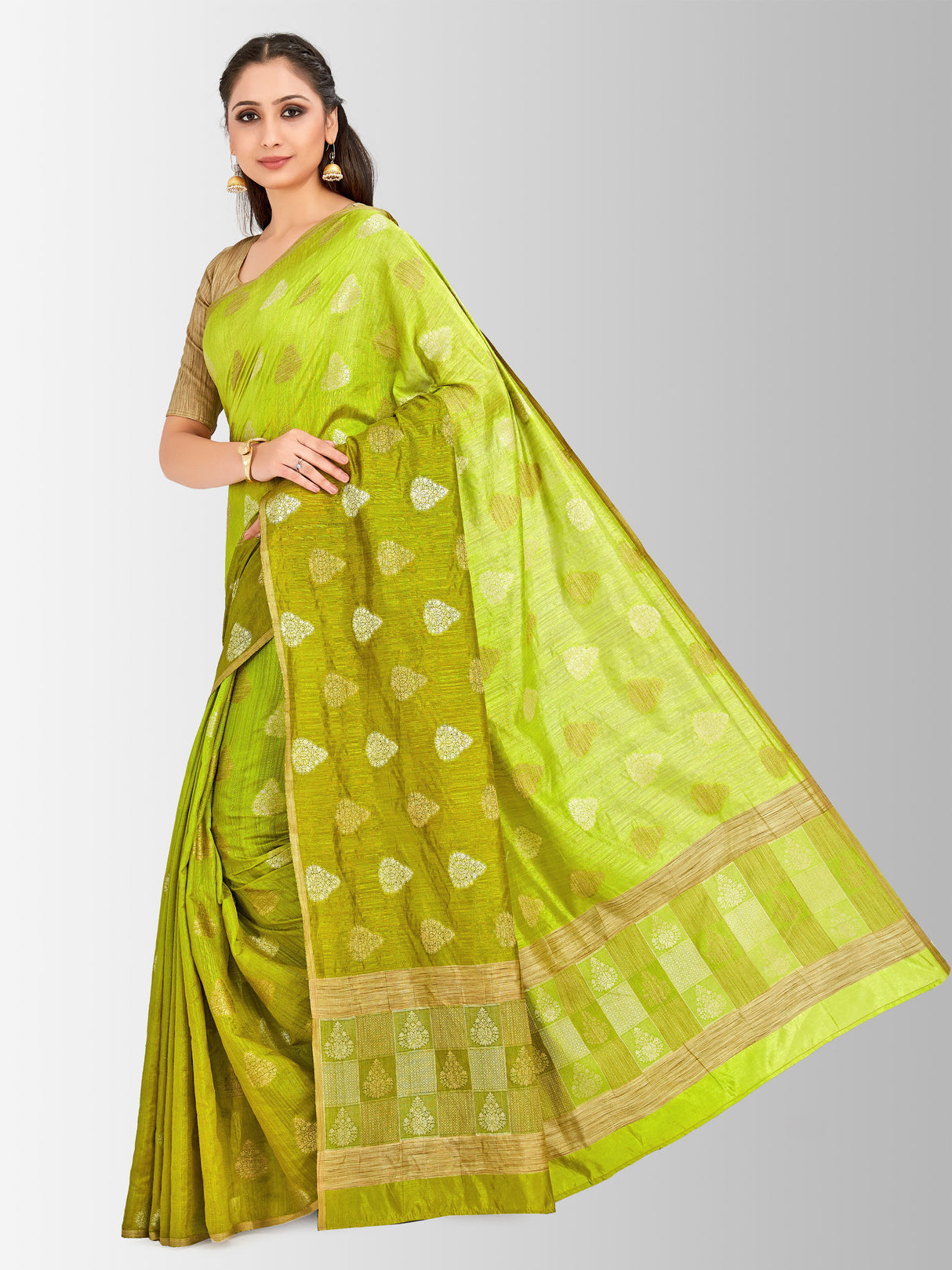 Mimosa Womens Linen Saree Banarasi style Olive Color