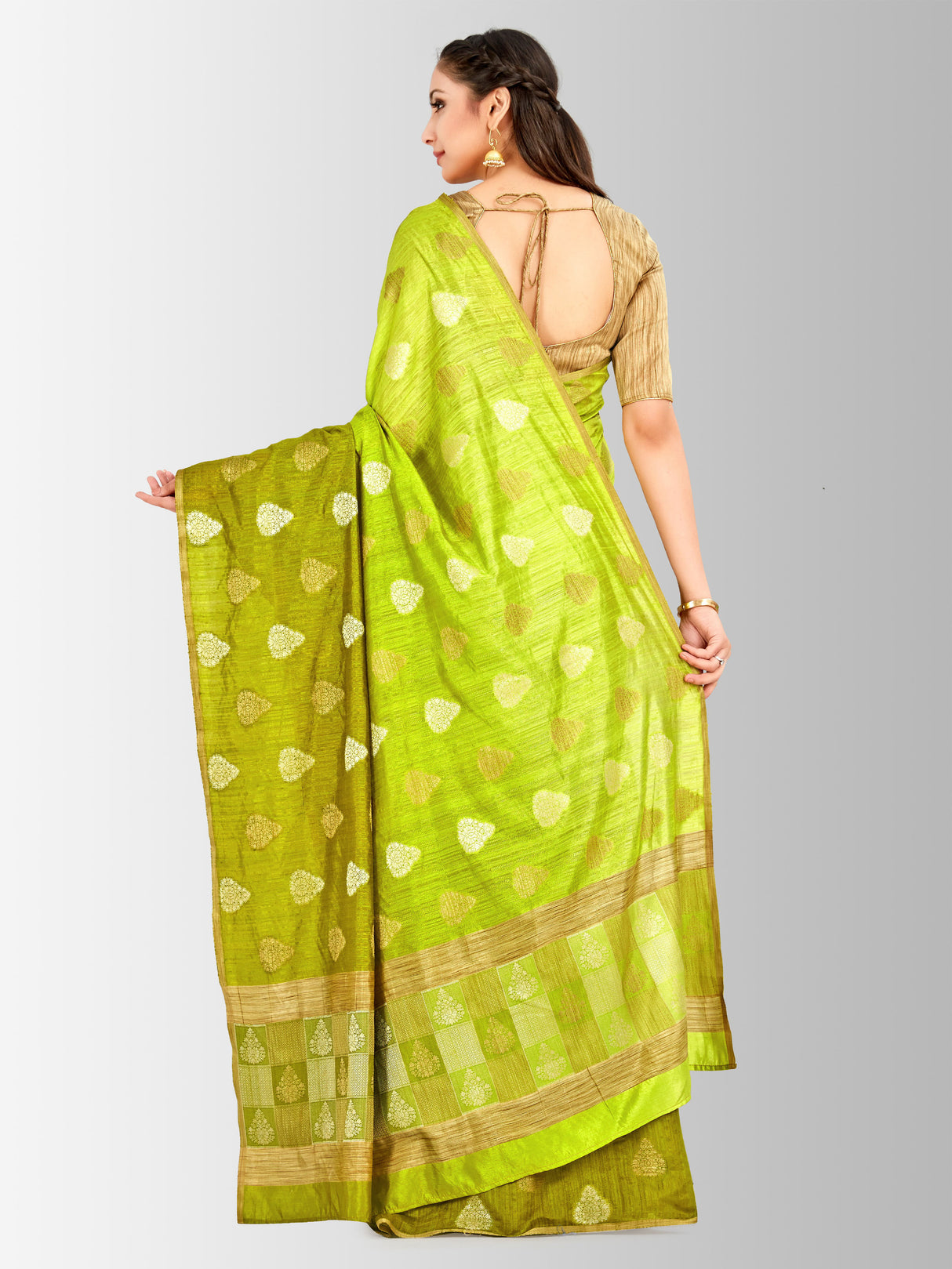 Mimosa Womens Linen Saree Banarasi style Olive Color