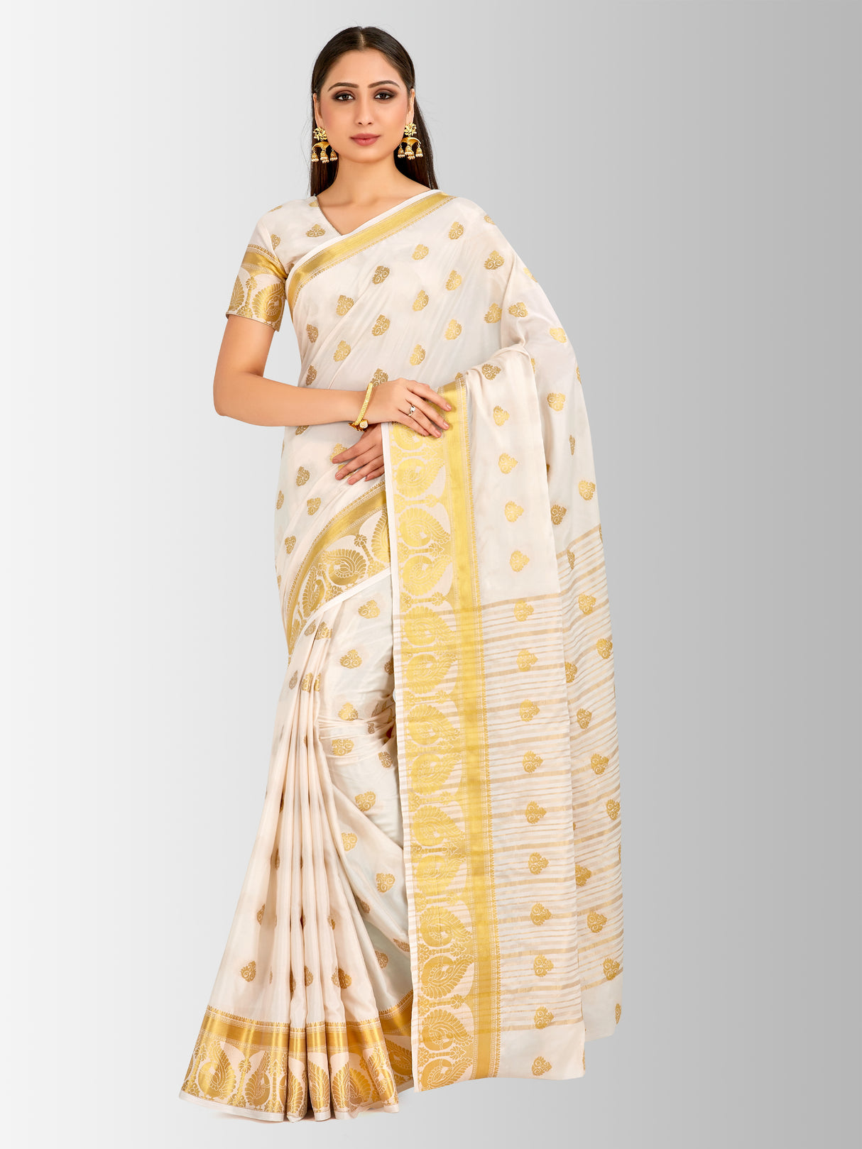 Mimosa Womens Crepe Saree Mysore Silk Halfwhite Color