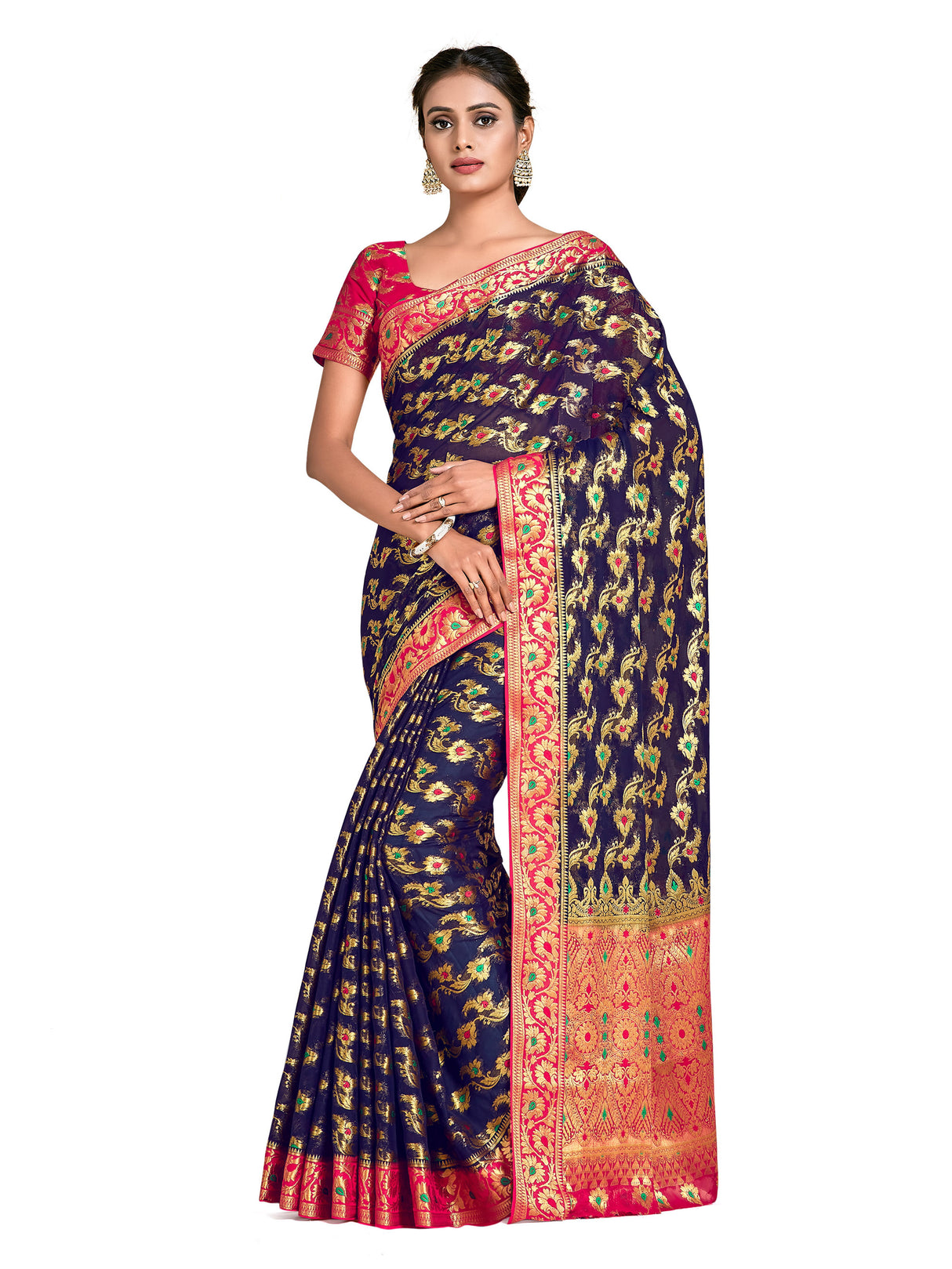 Mimosa Womens Chiffon Saree Banarasi Navy Blue Color