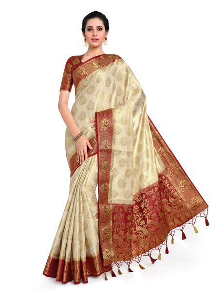 Mimosa Womens Art Silk Saree Kanjivaram Halfwhite Color