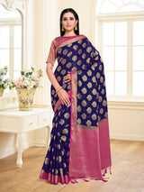 Mimosa Womens Crepe Saree Mysore Silk Navy Blue Color