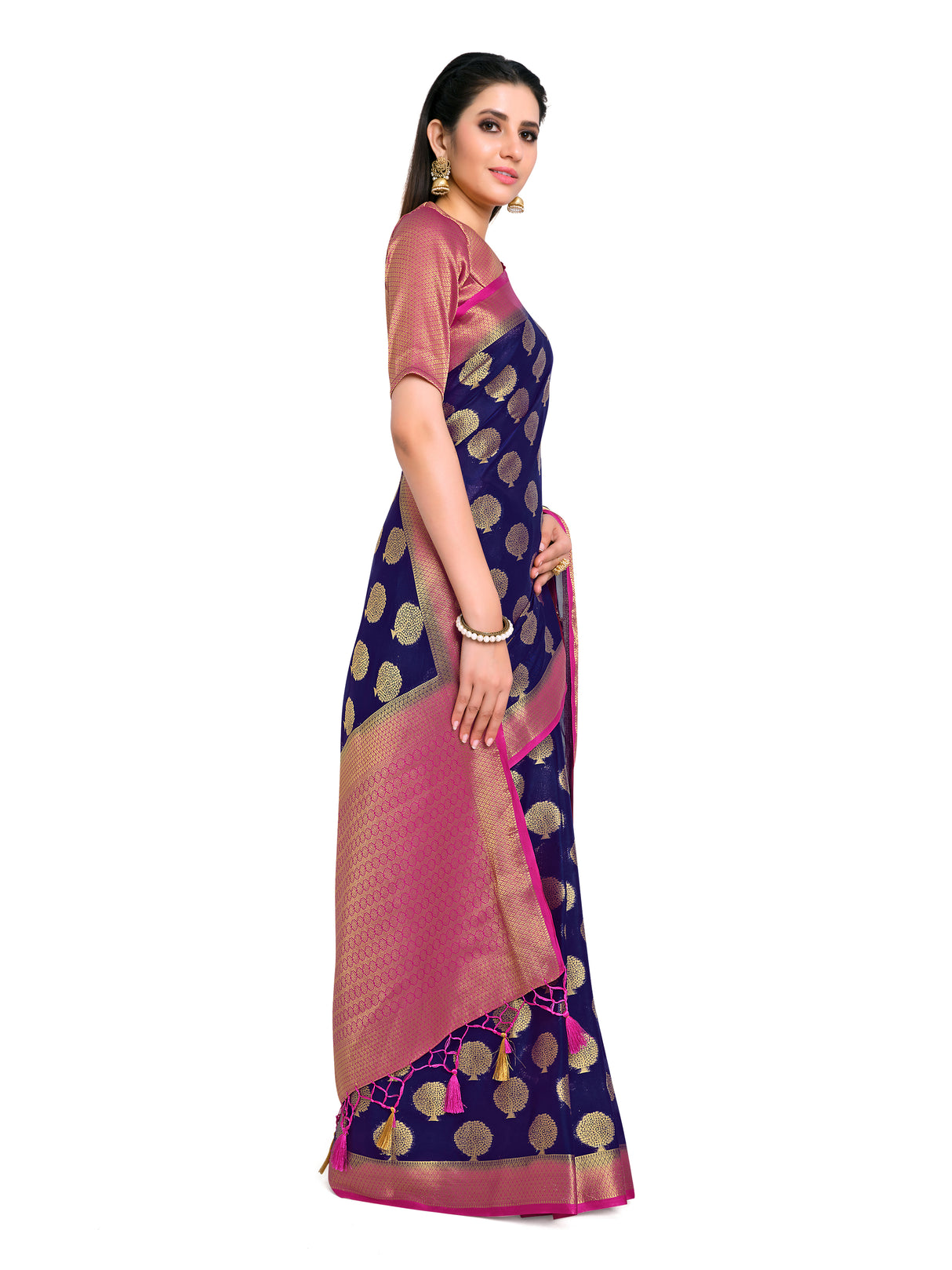 Mimosa Womens Crepe Saree Mysore Silk Navy Blue Color