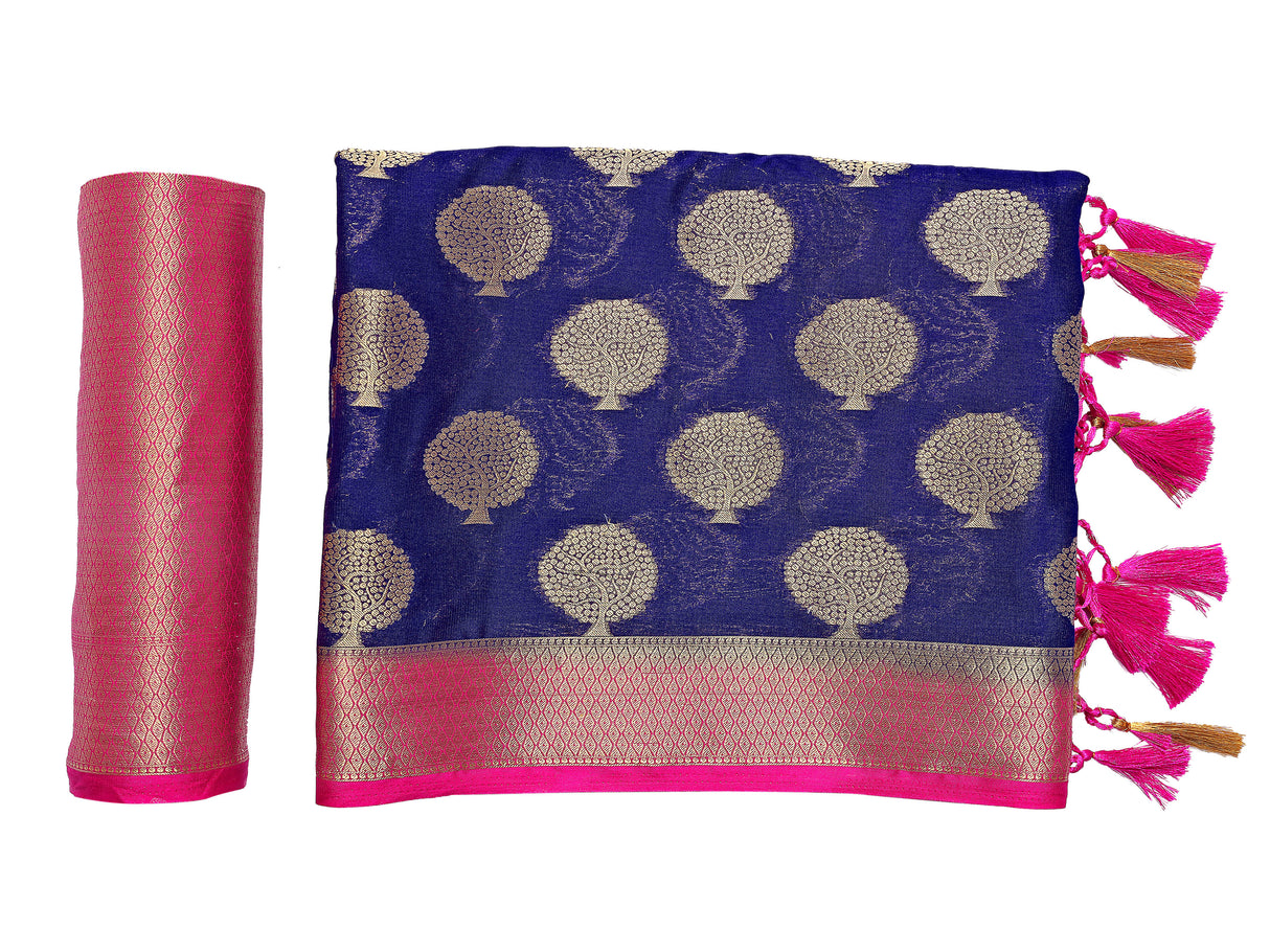 Mimosa Womens Crepe Saree Mysore Silk Navy Blue Color