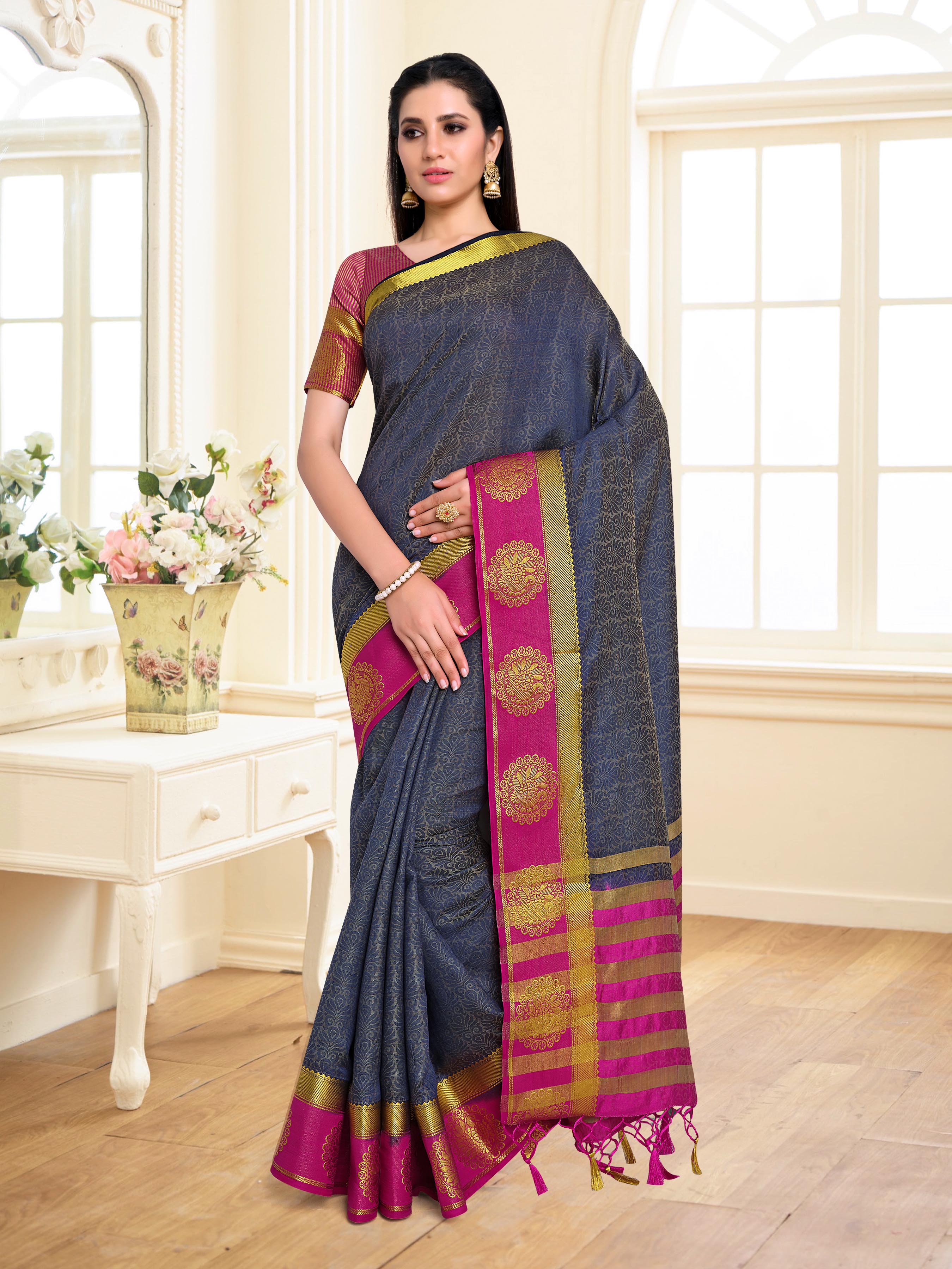 Pure kanjivaram silk saree light blue and red with allover silver zari –  Prashanti Sarees