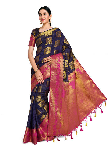 Mimosa Womens Art Silk Saree Kanjivaram Navy Blue Color