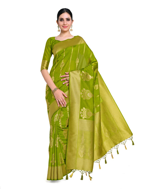 Mimosa Womens Art Silk Saree Kanjivaram Olive Color