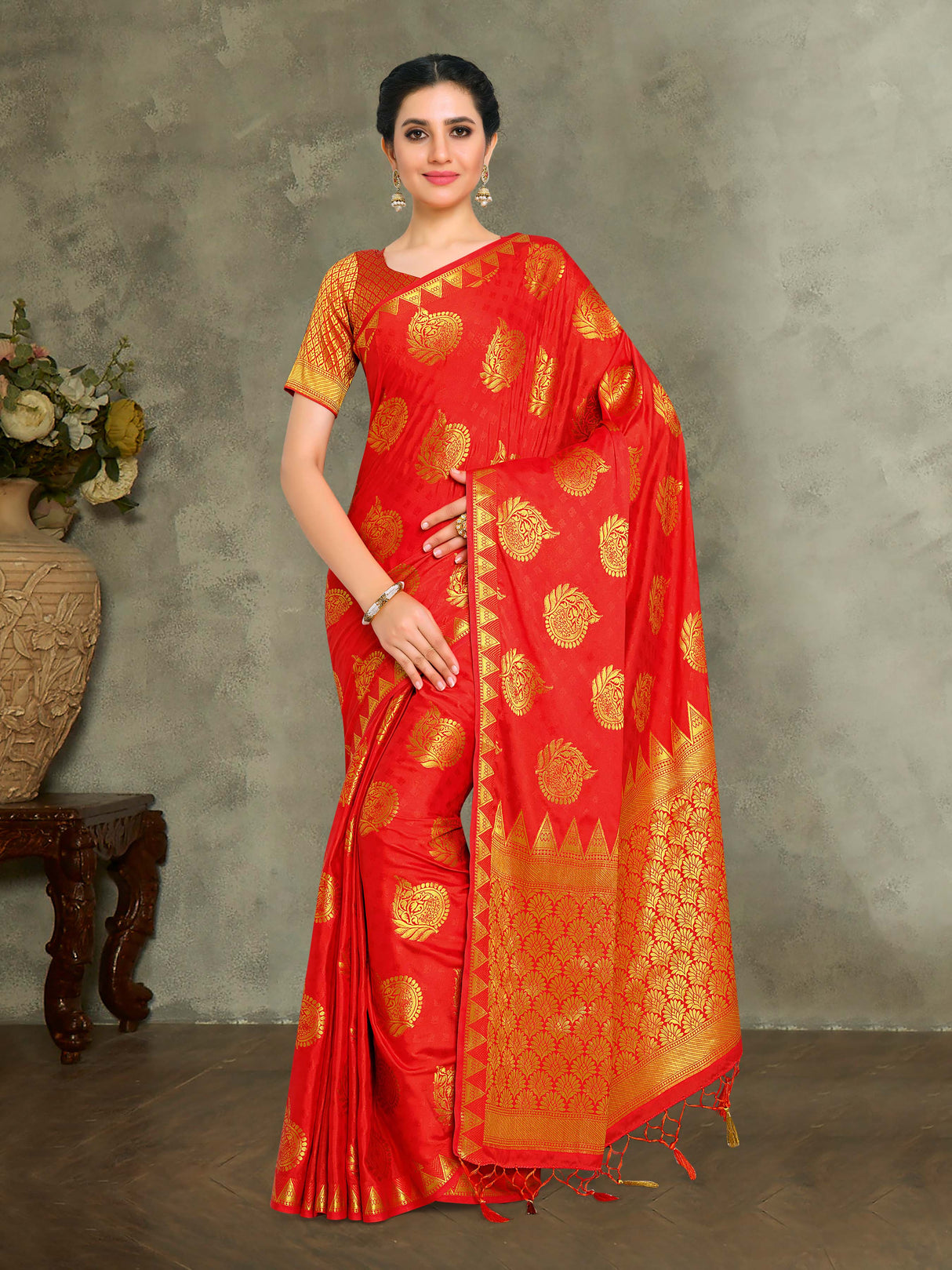 Mimosa Womens Crepe Saree Mysore Silk Red Color