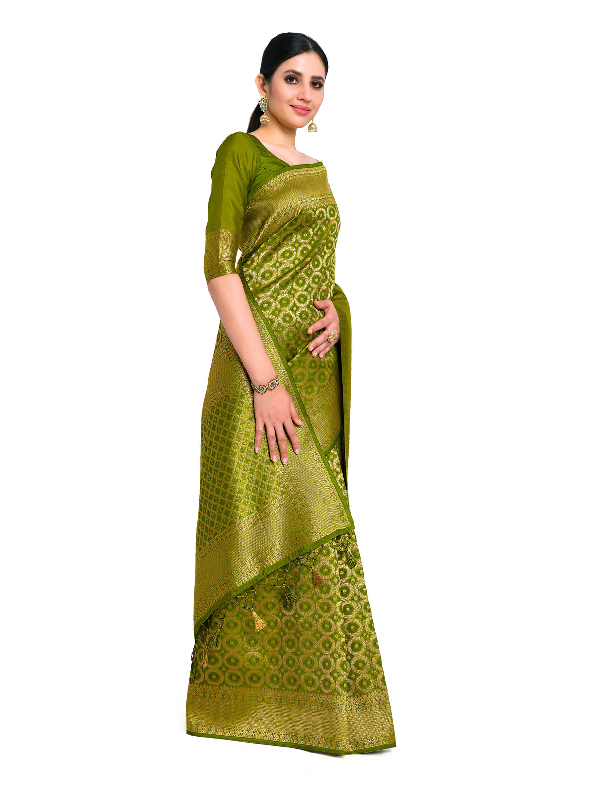 Mimosa Womens Art Silk Saree Kanjivaram Olive Color