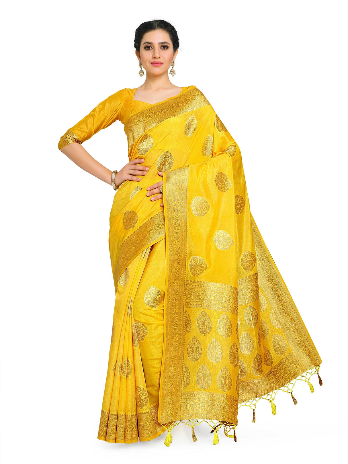 Mimosa Womens Art Silk Saree Kanjivaram Yellow Color