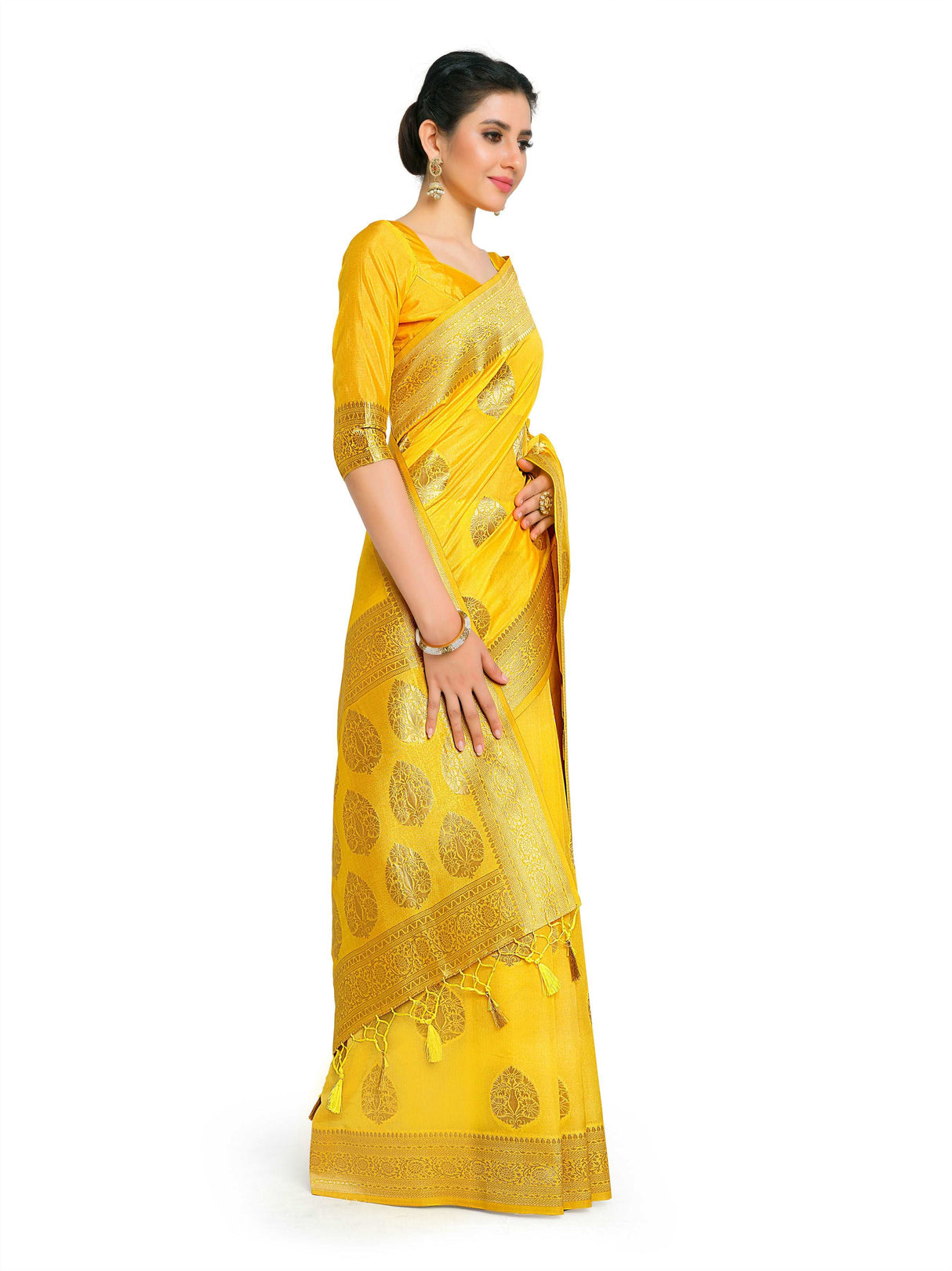 Mimosa Womens Art Silk Saree Kanjivaram Yellow Color