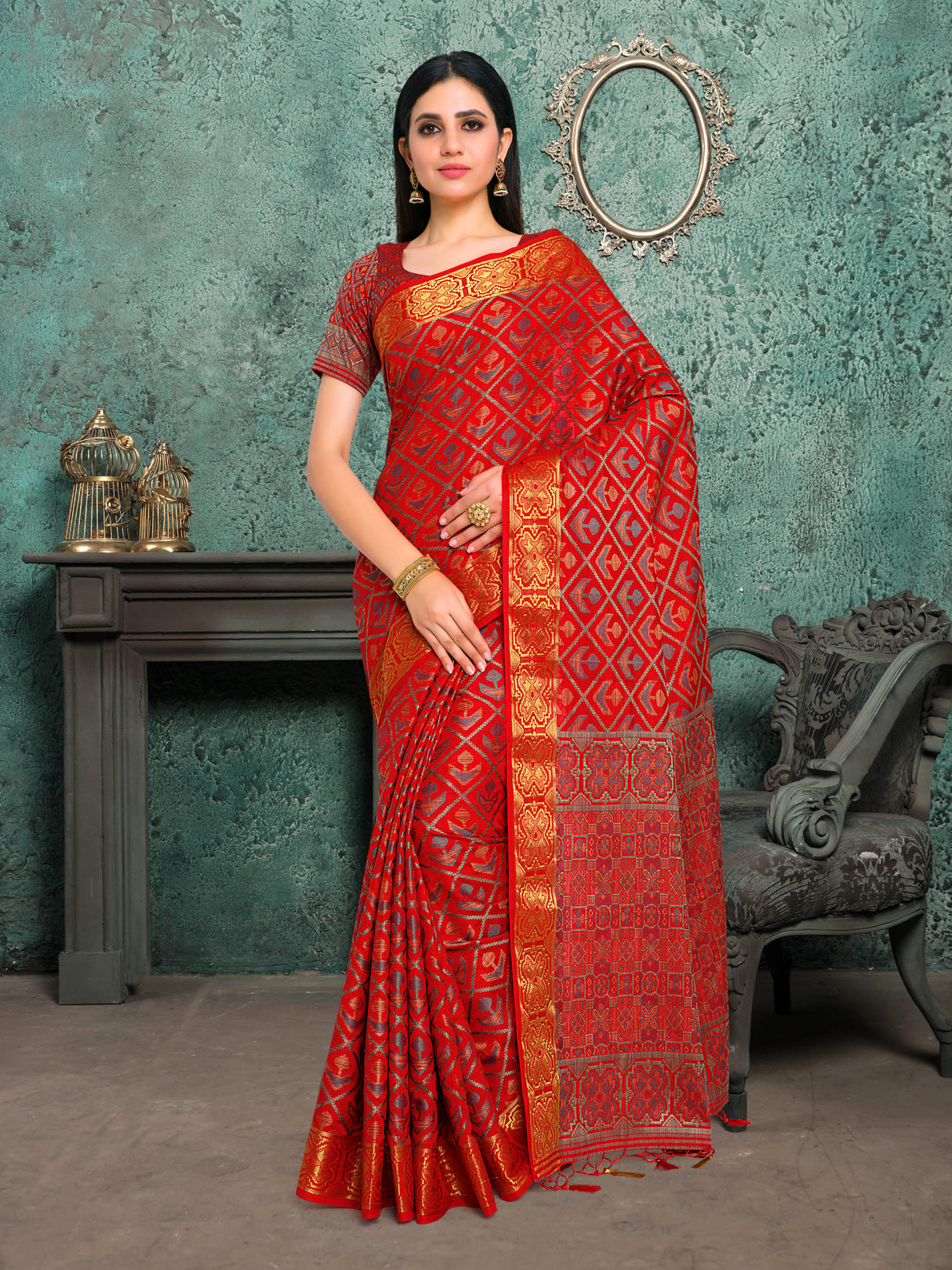 Mimosa Womens Art Silk Saree Patola Red Color