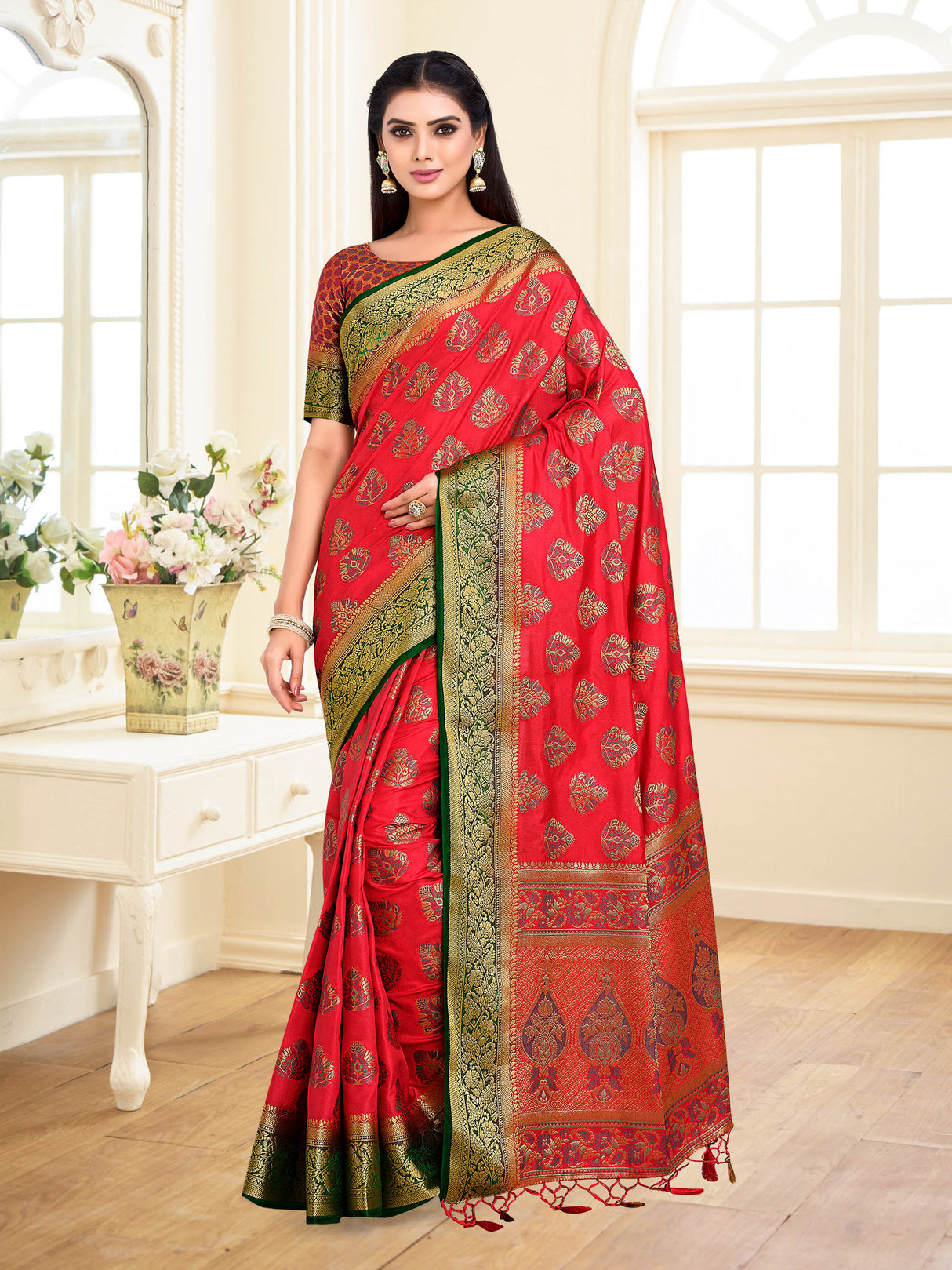 Mimosa Womens Art Silk Saree Kanjivaram Strawberry Color