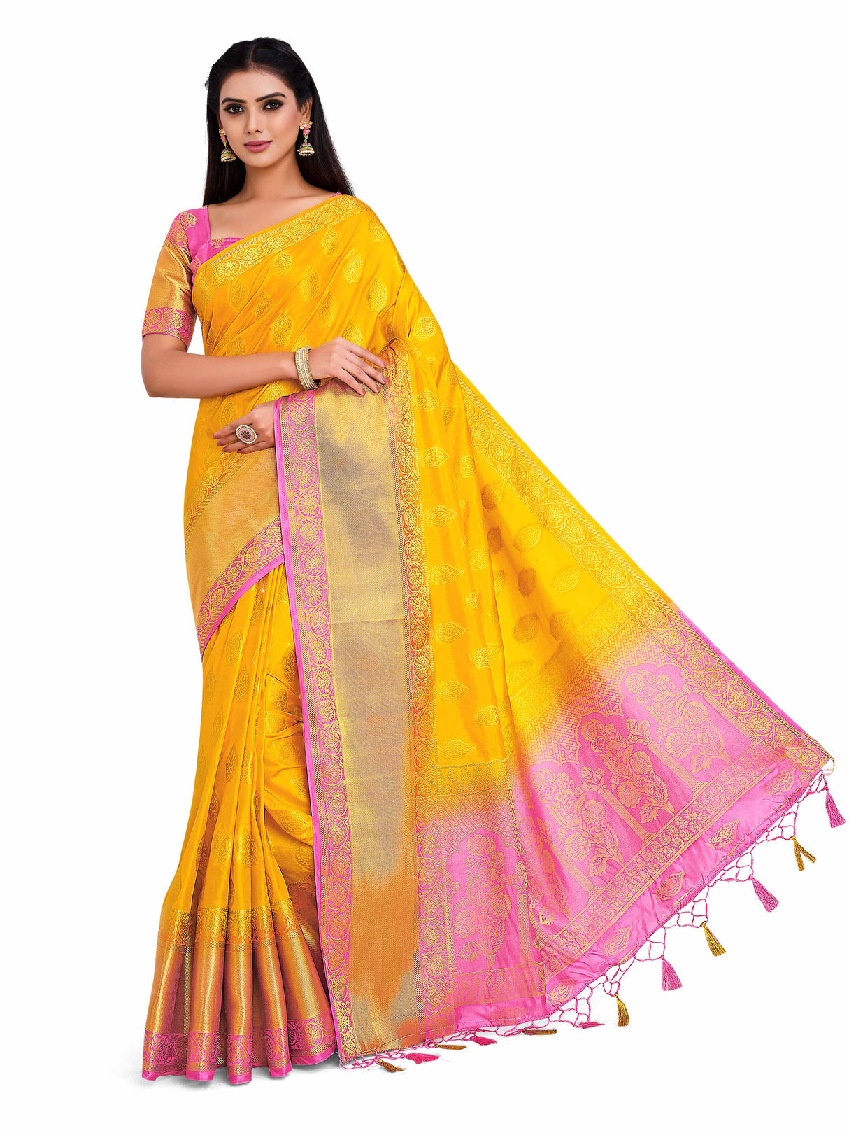 Mimosa Womens Art Silk Saree Kanjivaram Gold Color