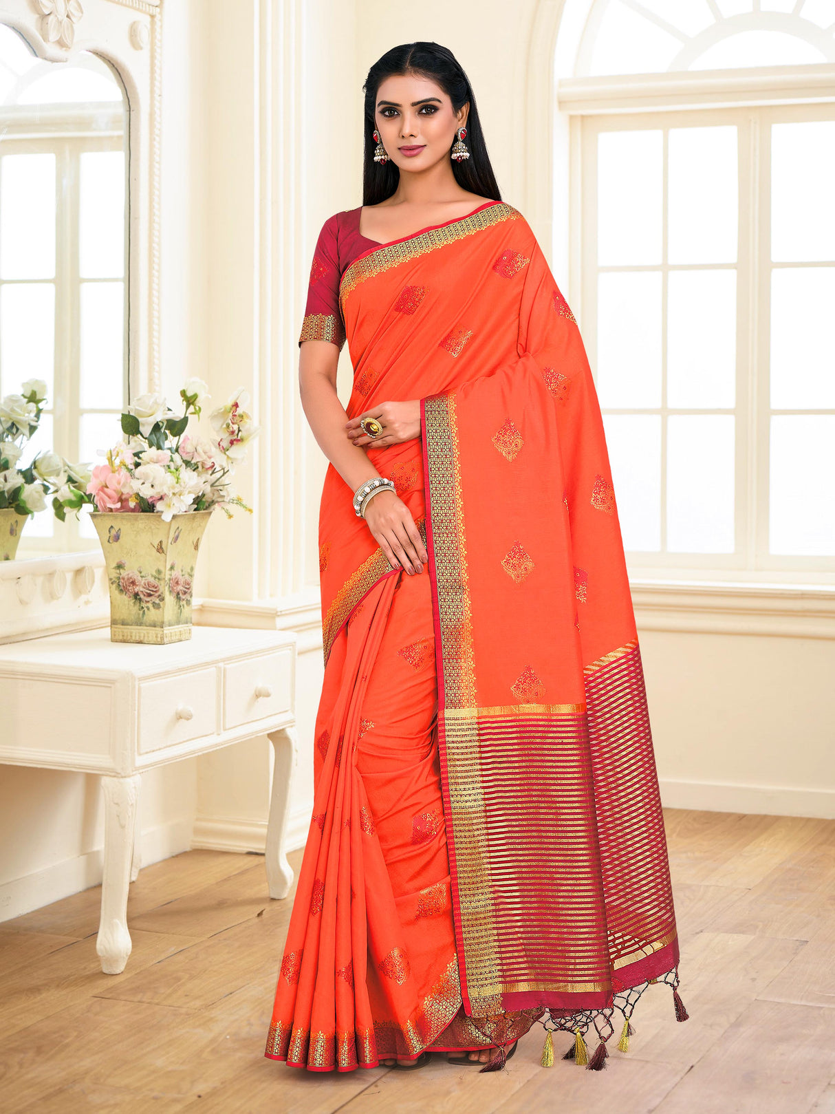 Mimosa Womens Art Silk Saree Kanjivaram style Peach Color