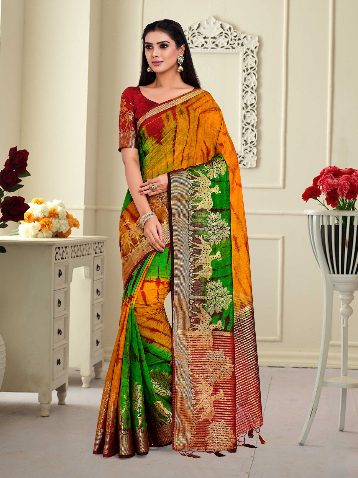 Mimosa Womens Linen Saree Banarasi style Mustard Color