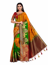 Mimosa Womens Linen Saree Banarasi style Mustard Color