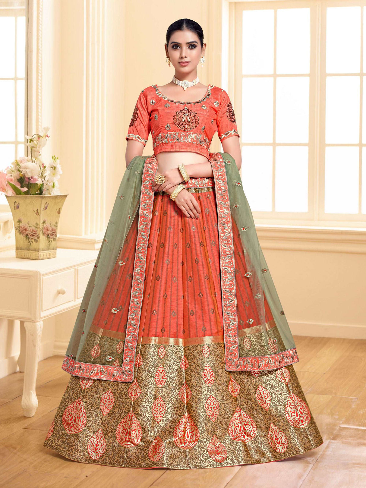 MIMOSA Women's Art Silk Semi-Stitched Lehenga with Unstitched Blouse and Dupatta