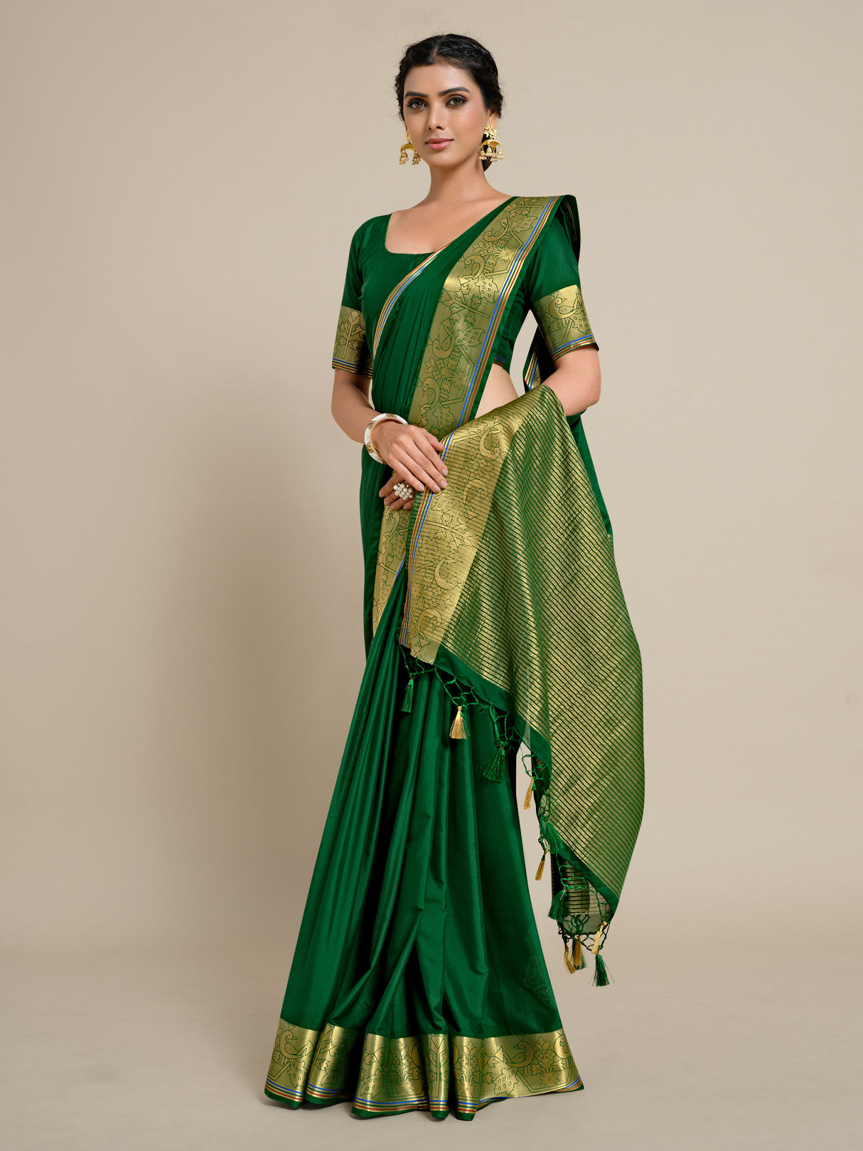 Mimosa Womens Crepe Saree Mysore Silk style BGreen Color