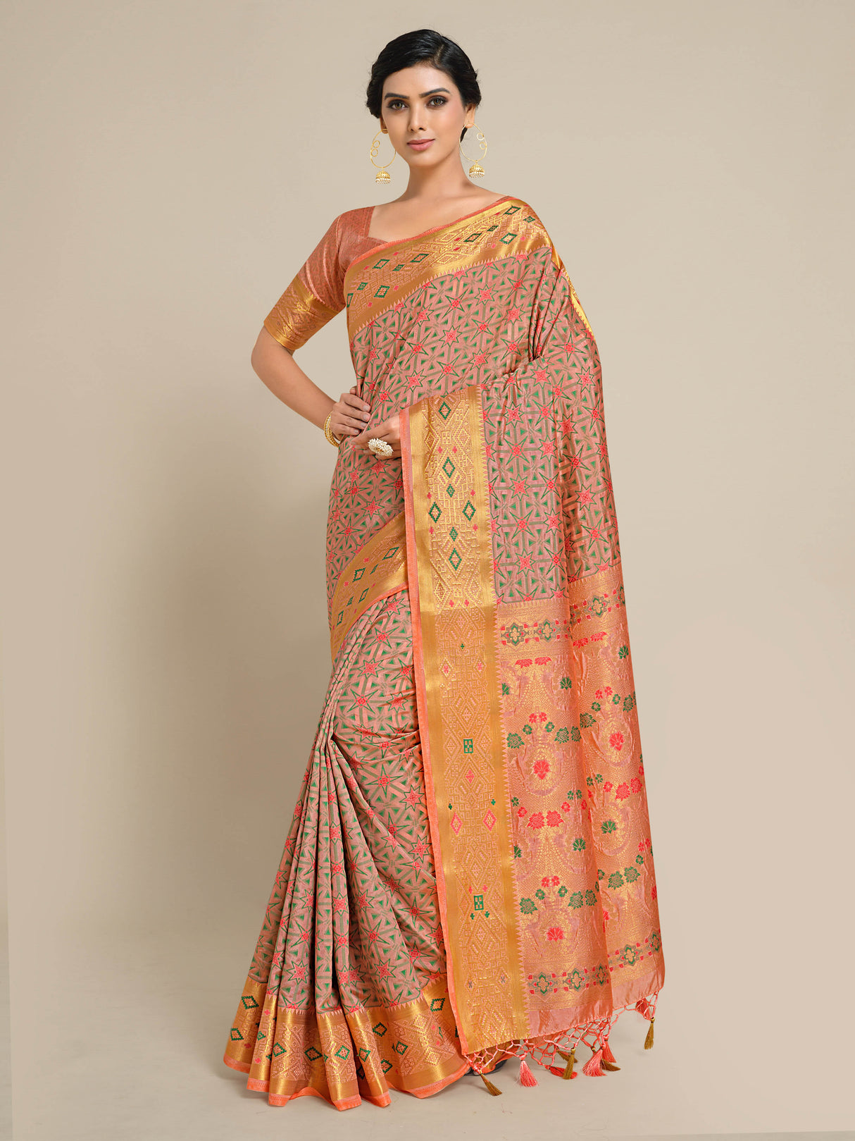 Mimosa Womens Art Silk Saree Kanjivaram Peach Color