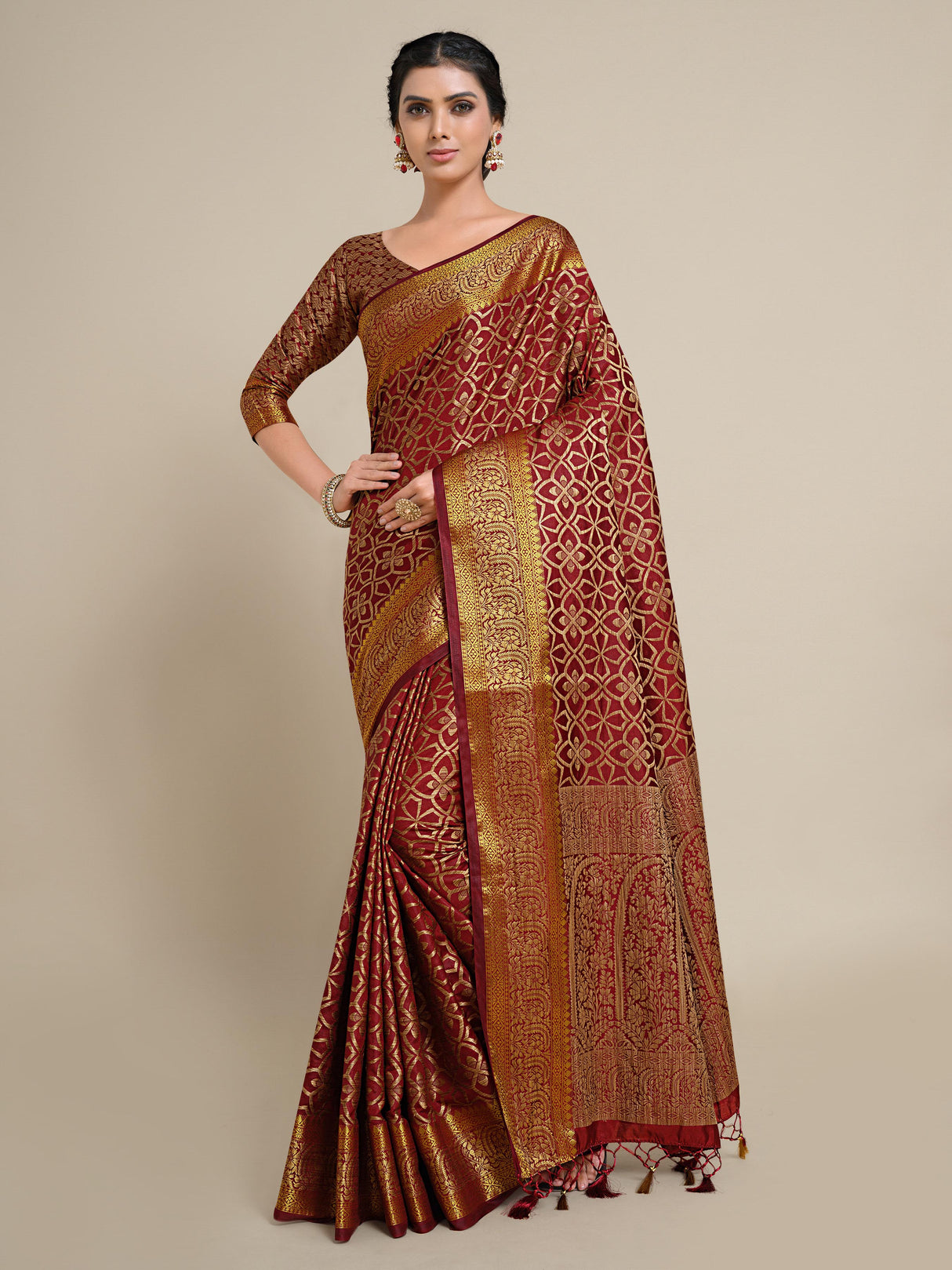 Mimosa Womens Art Silk Saree Kanjivaram Chocolate Color