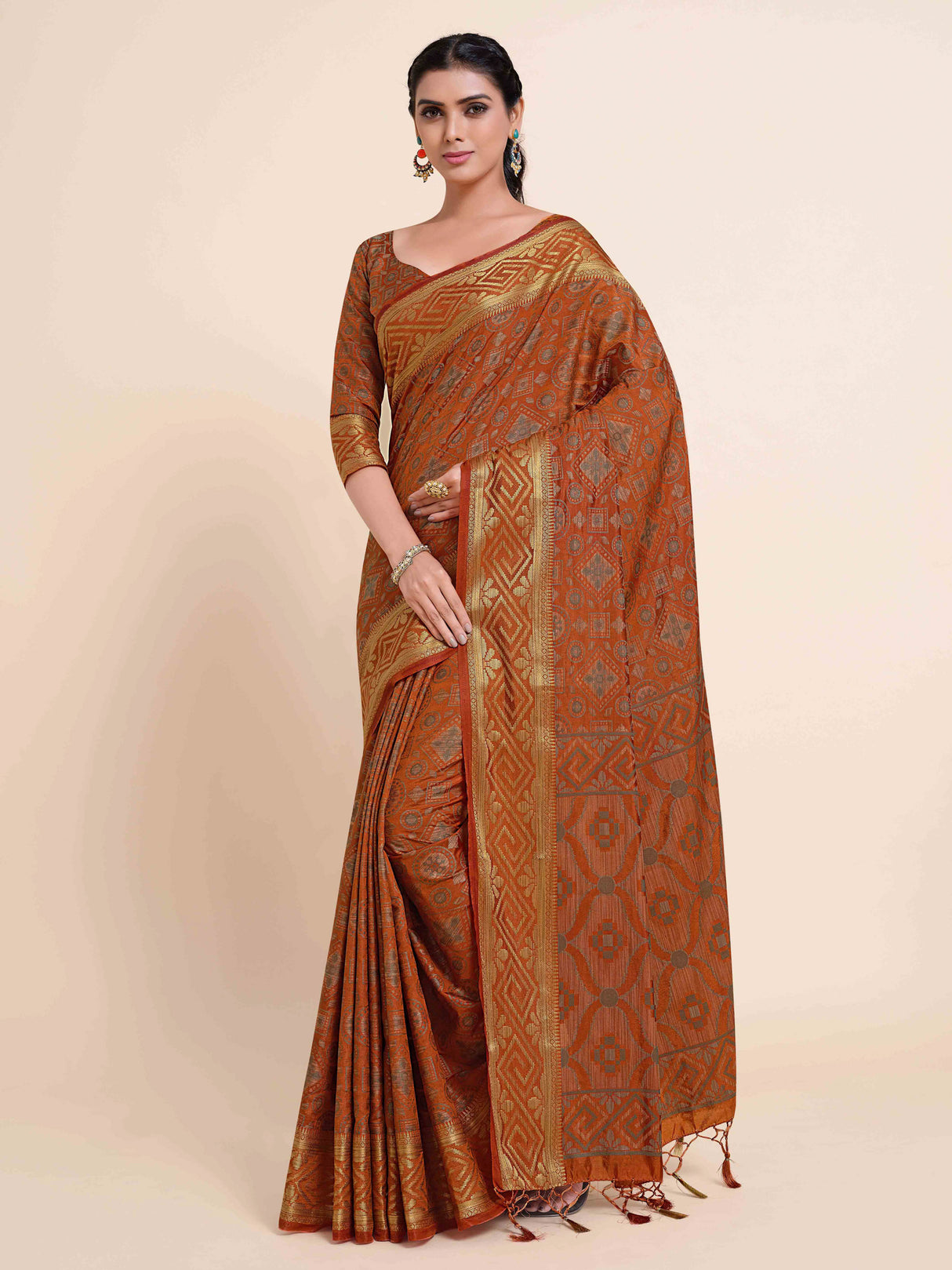 Mimosa Womens Art Silk Saree Kanjivaram Rust Color