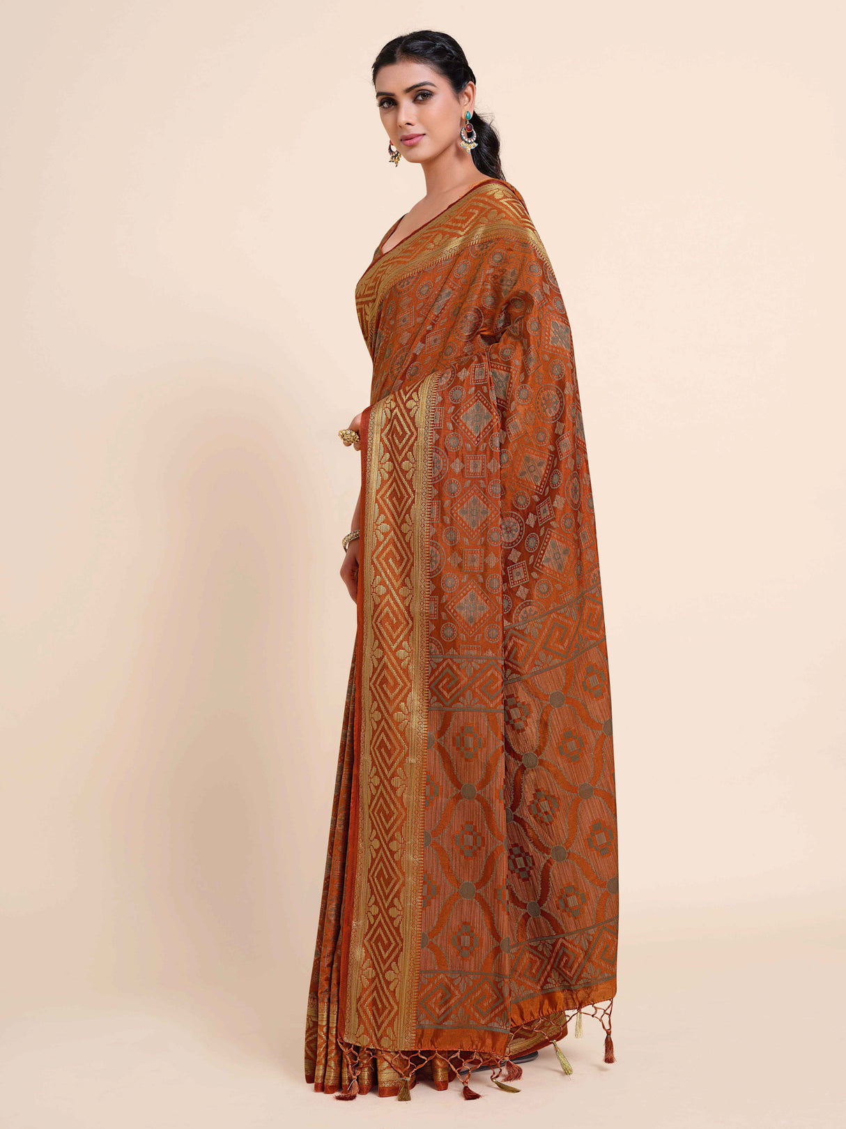 Mimosa Womens Art Silk Saree Kanjivaram Rust Color