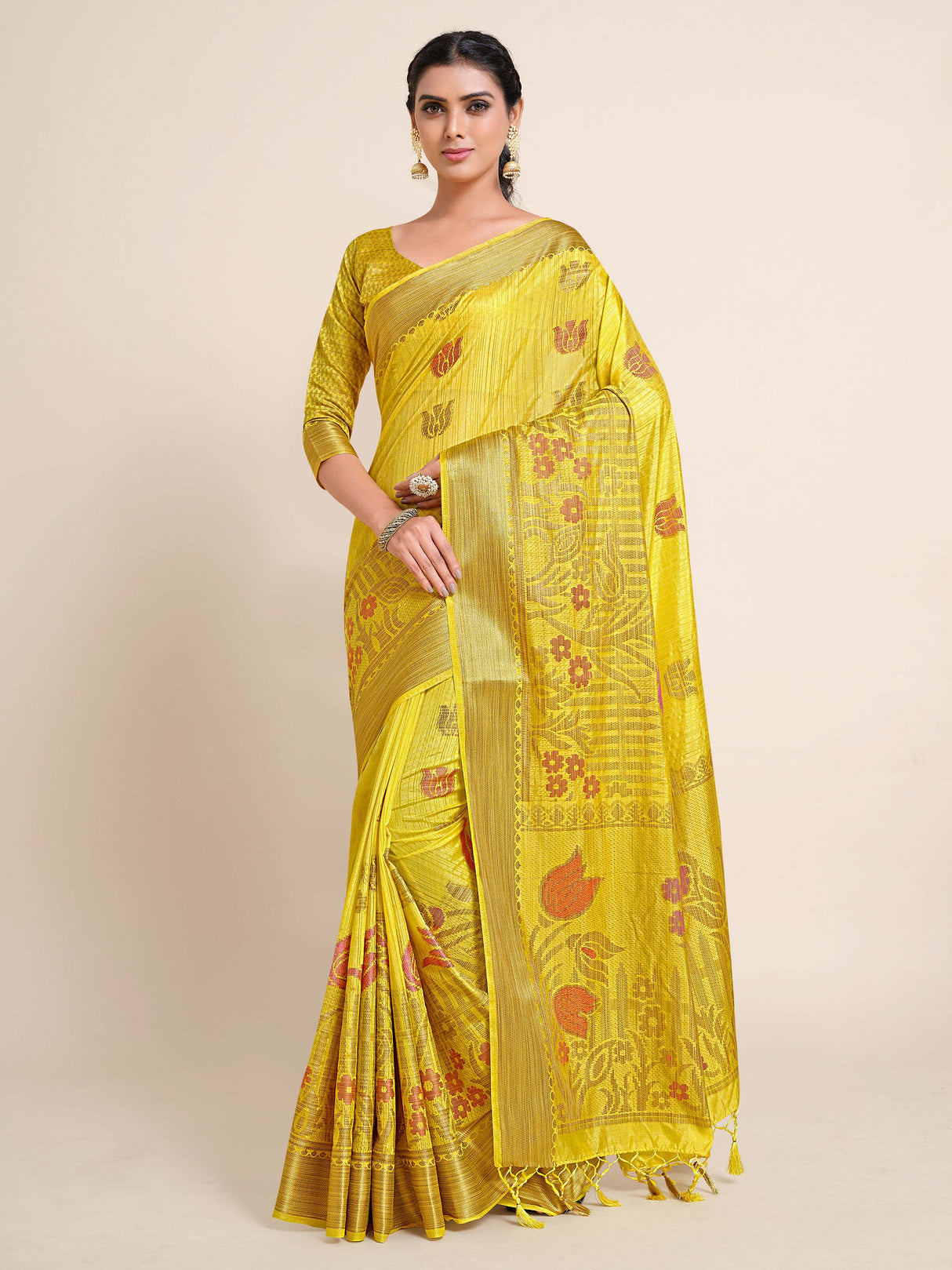 Mimosa Womens Art Silk Saree Kanjivaram style Yellow Color