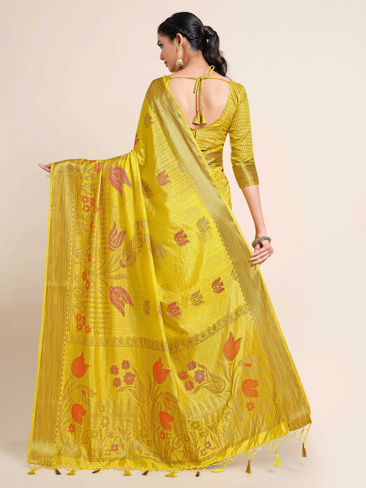 Mimosa Womens Art Silk Saree Kanjivaram style Yellow Color