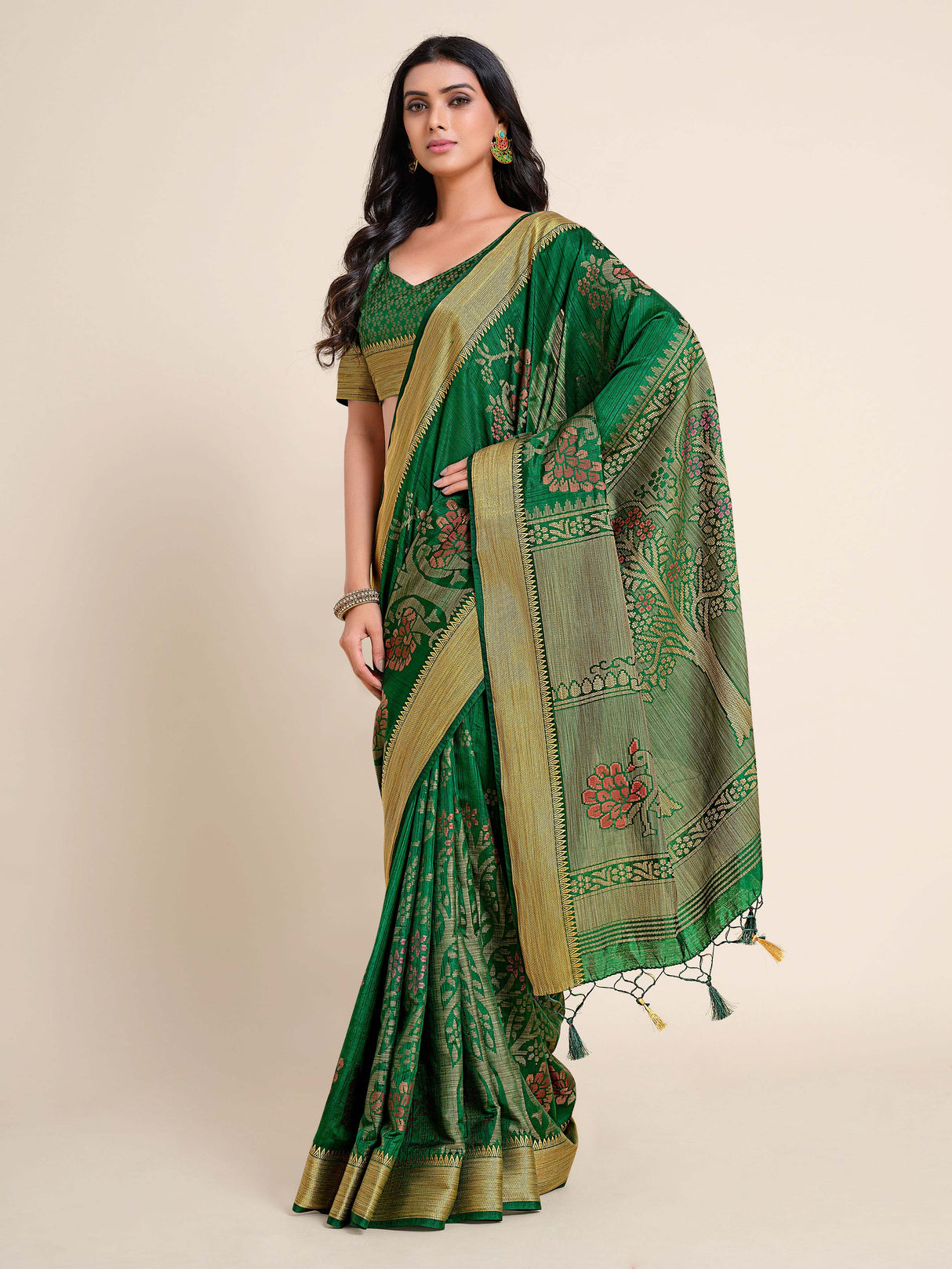 Mimosa Womens Art Silk Saree Kanjivaram style Green Color