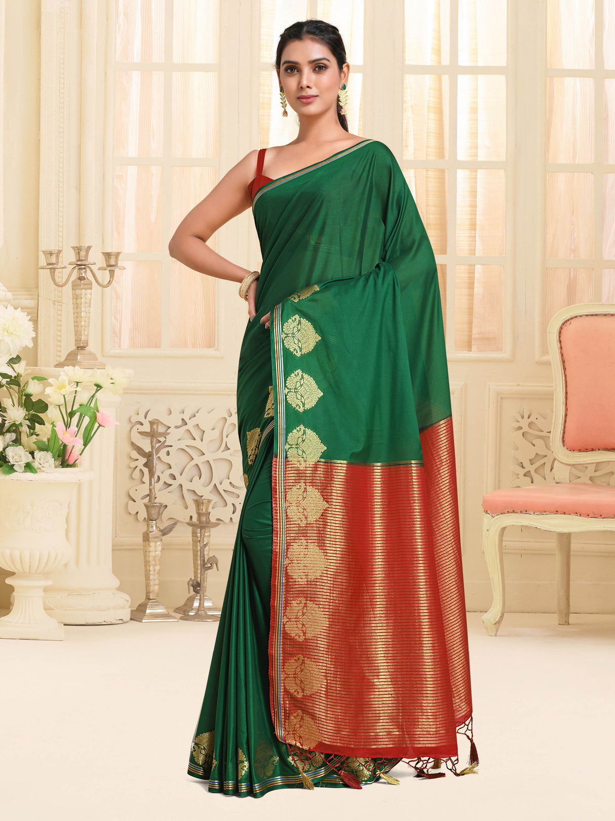 Mimosa Womens Crepe Saree Mysore Silk style BGreen Color