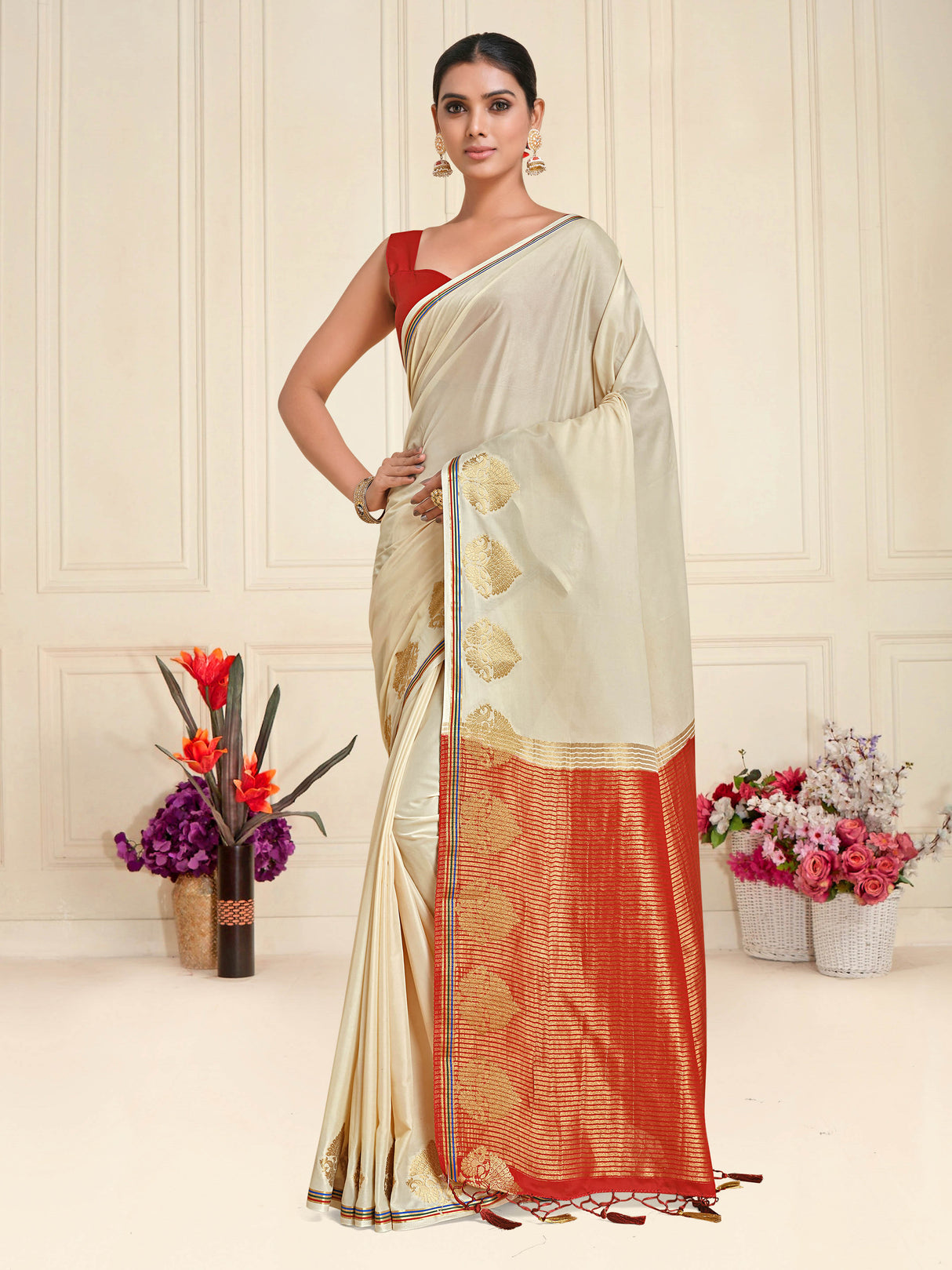 Mimosa Womens Crepe Saree Mysore Silk style Halfwhite Color